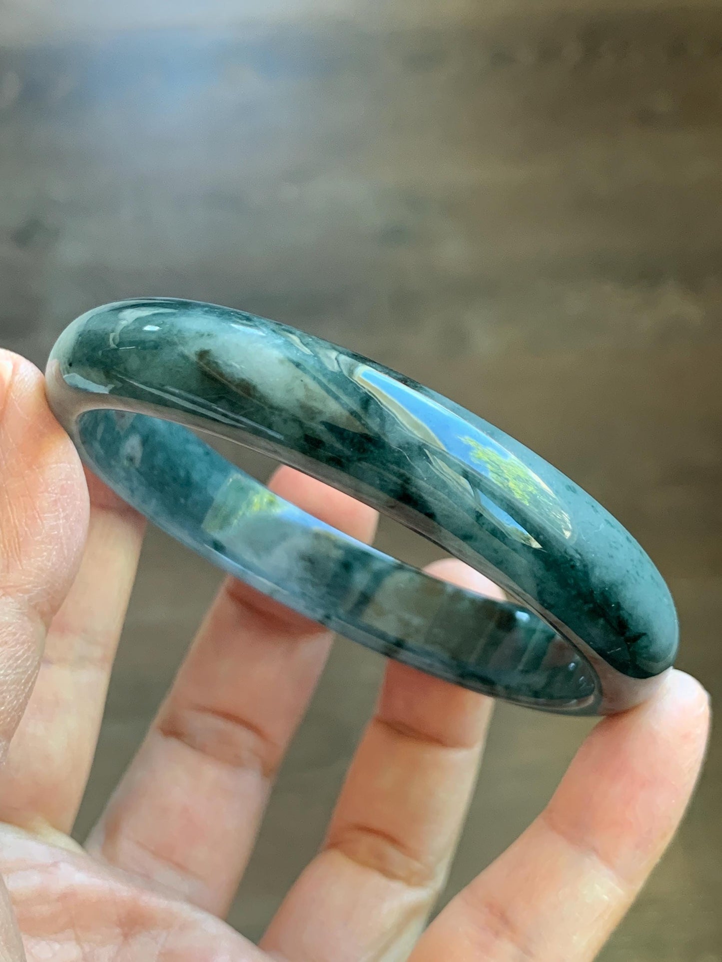 Certified Natural Grade A Guatemalan Icy Translucent Dusty Teal Blue Marbled Jade Jadeite Wide Bangle 59.6mm 7.36” 42.5g 天然冰危蓝飘花翡翠正圈宽版手镯 505