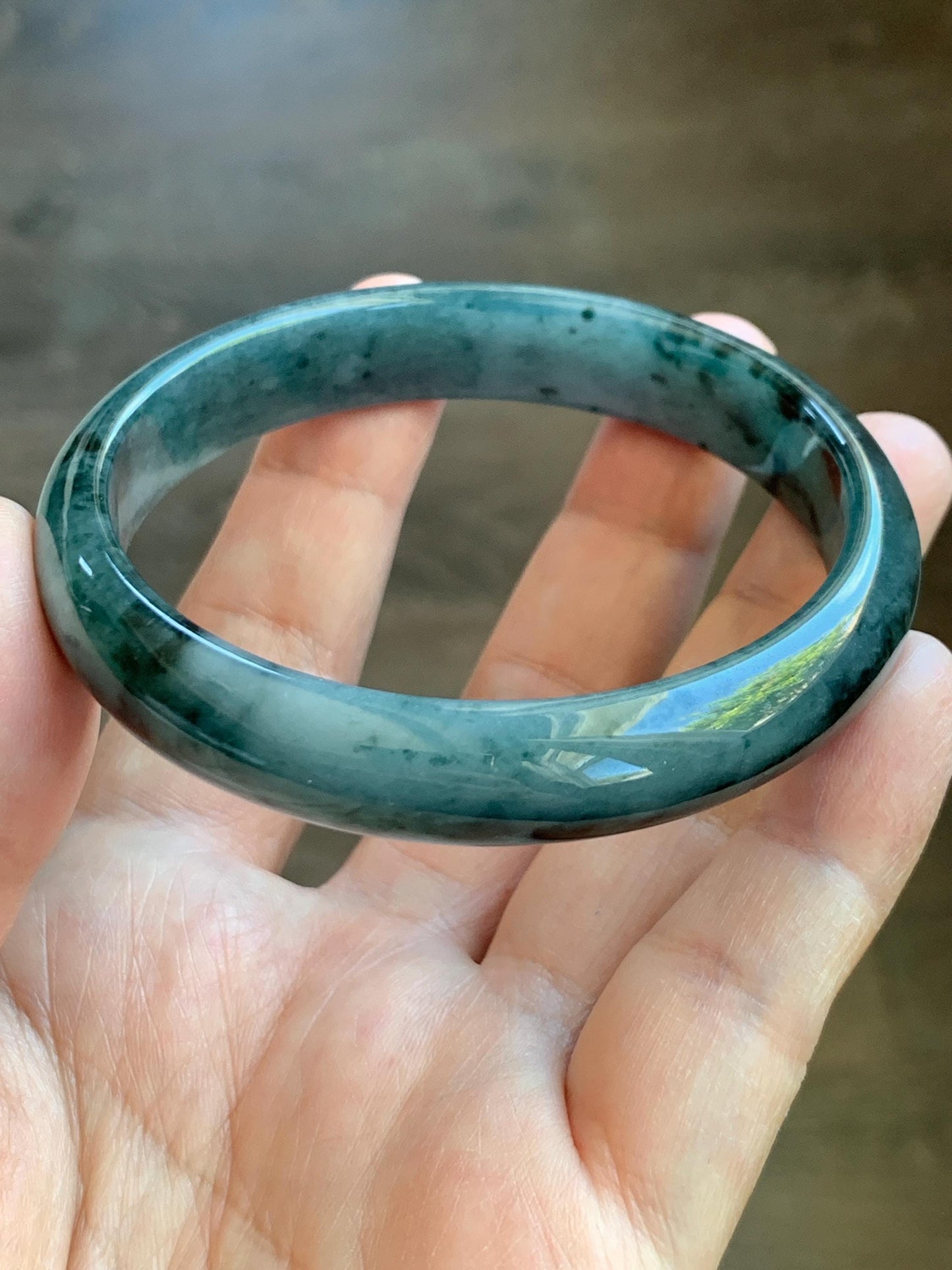 Certified Natural Grade A Guatemalan Icy Translucent Dusty Teal Blue Marbled Jade Jadeite Wide Bangle 59.6mm 7.36” 42.5g 天然冰危蓝飘花翡翠正圈宽版手镯 505