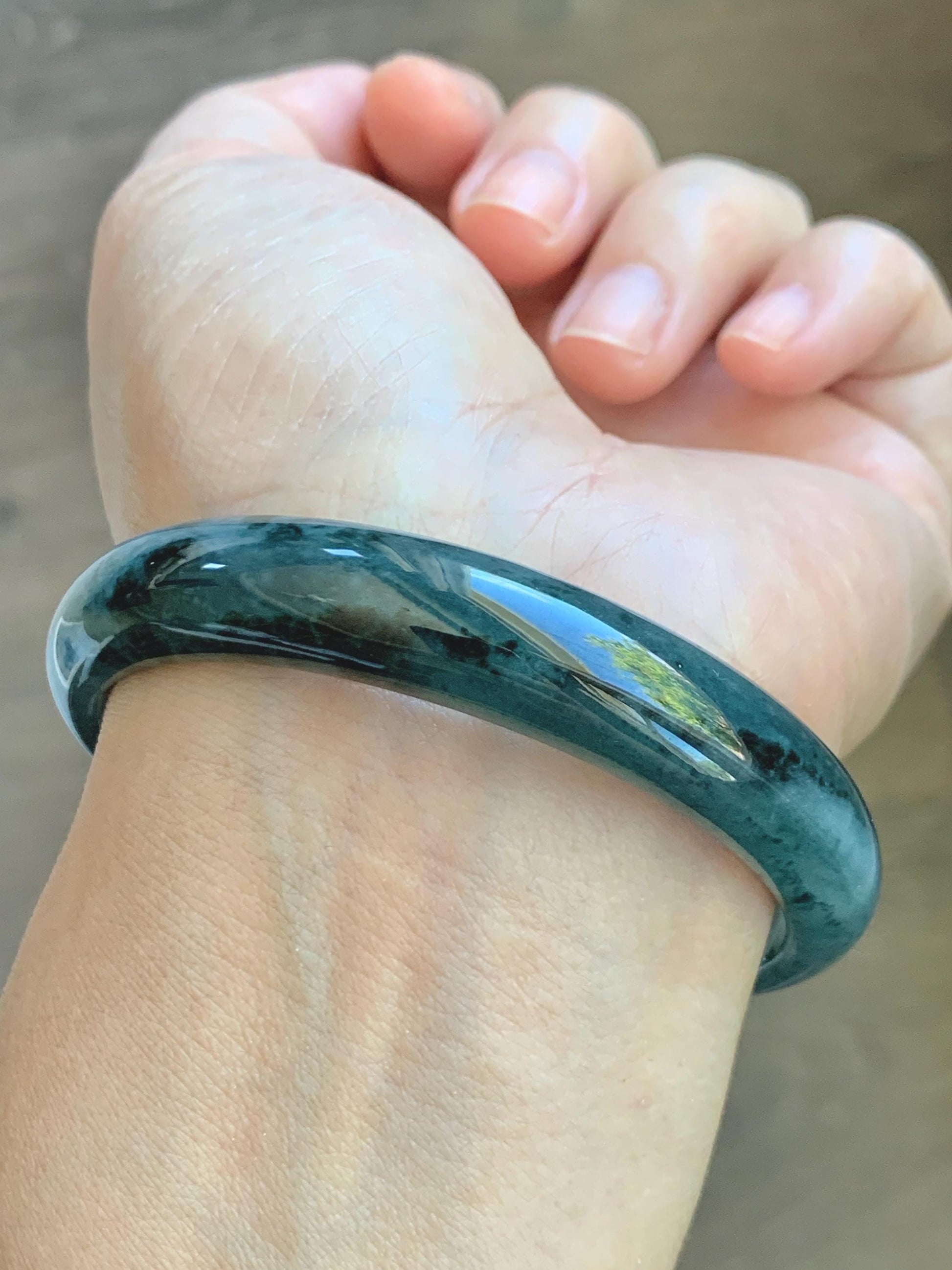 Certified Natural Grade A Guatemalan Icy Translucent Dusty Teal Blue Marbled Jade Jadeite Wide Bangle 59.6mm 7.36” 42.5g 天然冰危蓝飘花翡翠正圈宽版手镯 505