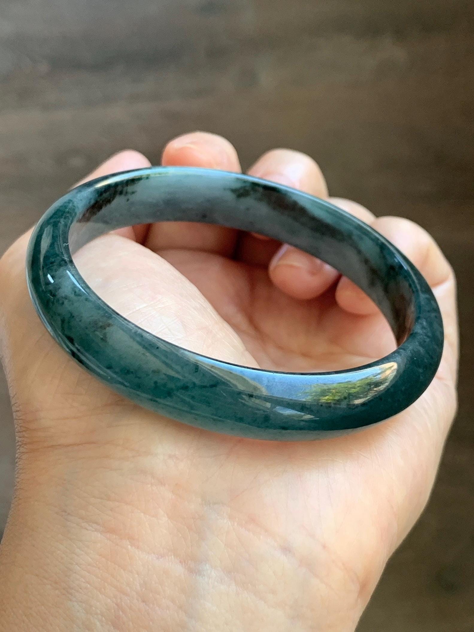 Certified Natural Grade A Guatemalan Icy Translucent Dark Teal Blue Marbled Jade Jadeite Wide Bangle 59.5mm 7.36” 41g 天然冰危深蓝飘花翡翠正圈宽版手镯 504