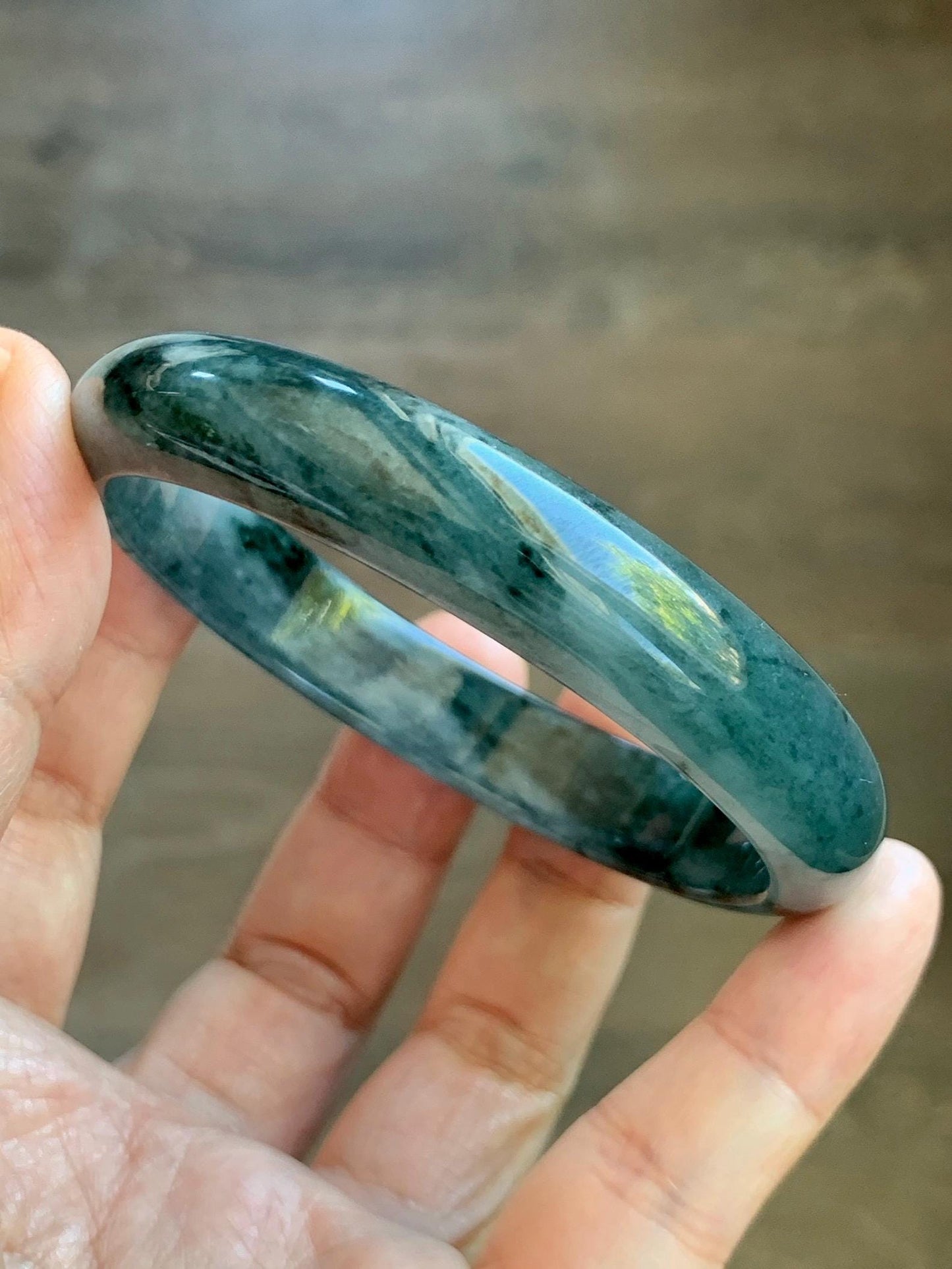 Certified Natural Grade A Guatemalan Icy Translucent Dark Teal Blue Marbled Jade Jadeite Wide Bangle 59.5mm 7.36” 41g 天然冰危深蓝飘花翡翠正圈宽版手镯 504