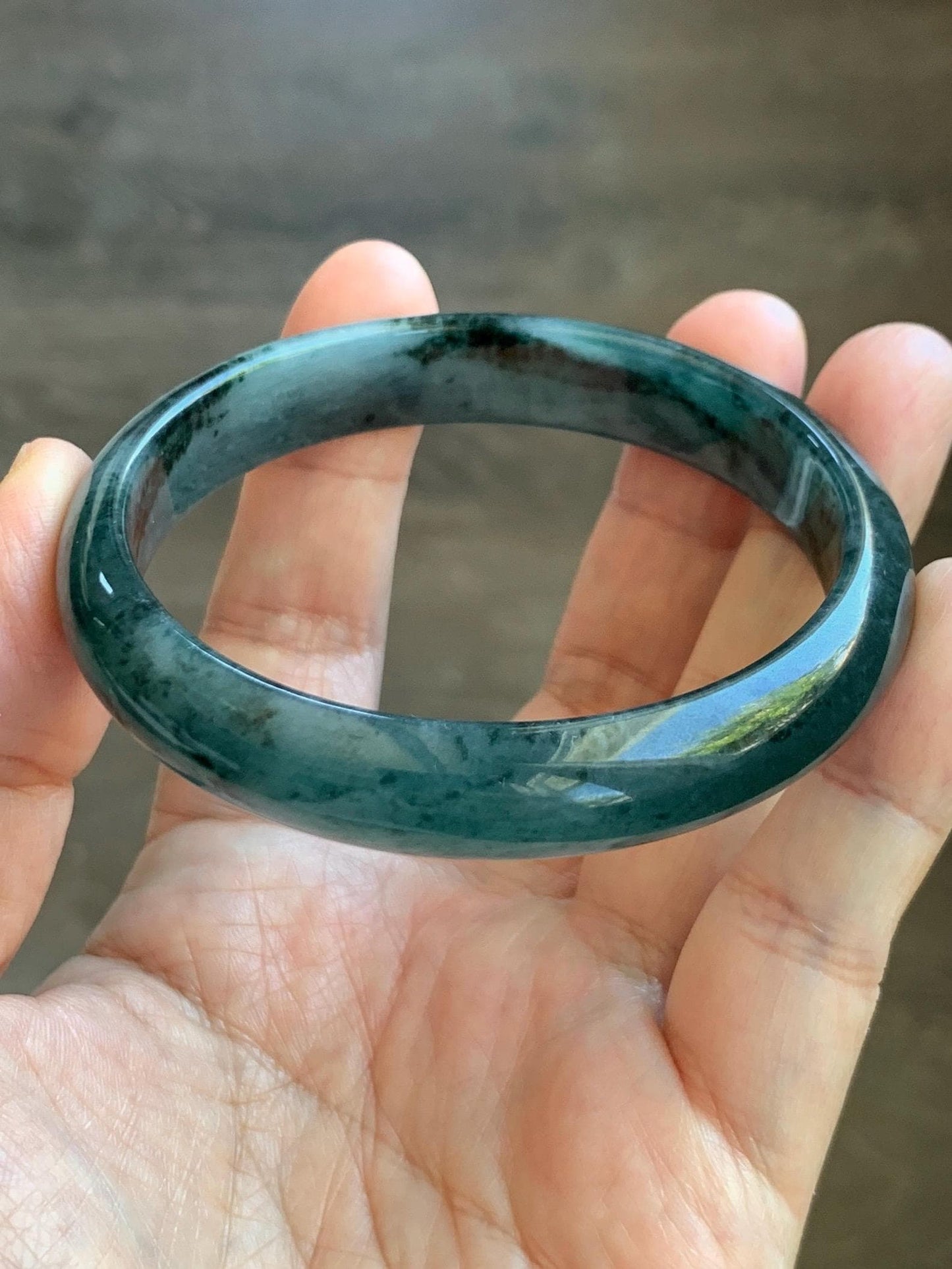 Certified Natural Grade A Guatemalan Icy Translucent Dark Teal Blue Marbled Jade Jadeite Wide Bangle 59.5mm 7.36” 41g 天然冰危深蓝飘花翡翠正圈宽版手镯 504