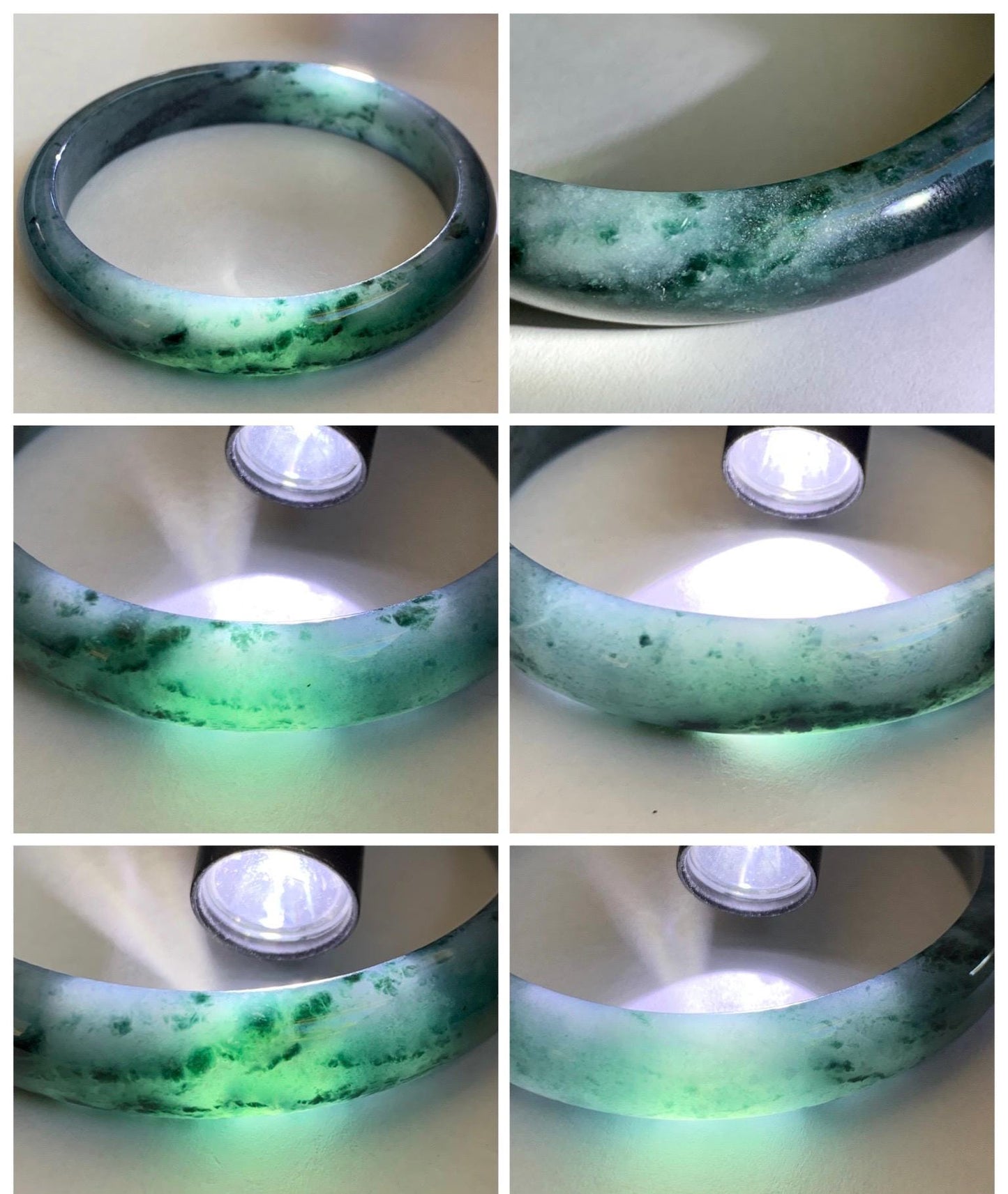 Certified Natural Grade A Guatemalan Icy Translucent Dark Teal Blue Marbled Jade Jadeite Wide Bangle 59.5mm 7.36” 41g 天然冰危深蓝飘花翡翠正圈宽版手镯 504
