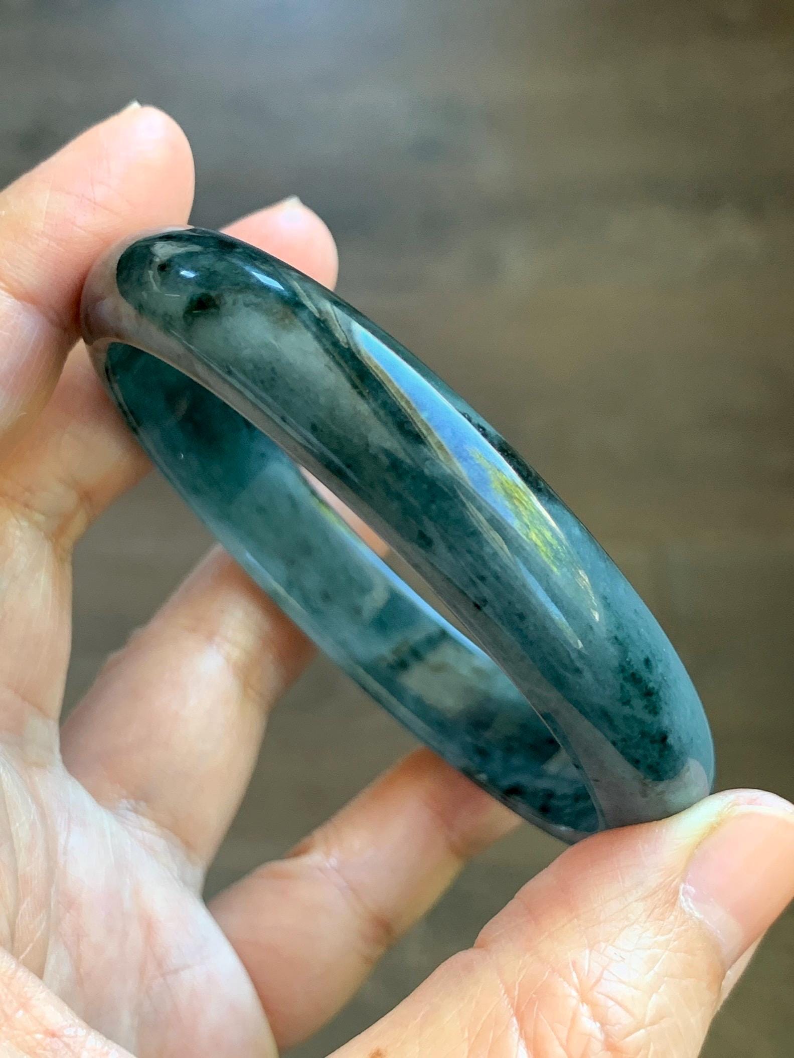 Certified Natural Grade A Guatemalan Icy Translucent Dark Teal Blue Marbled Jade Jadeite Wide Bangle 59.5mm 7.36” 41g 天然冰危深蓝飘花翡翠正圈宽版手镯 504