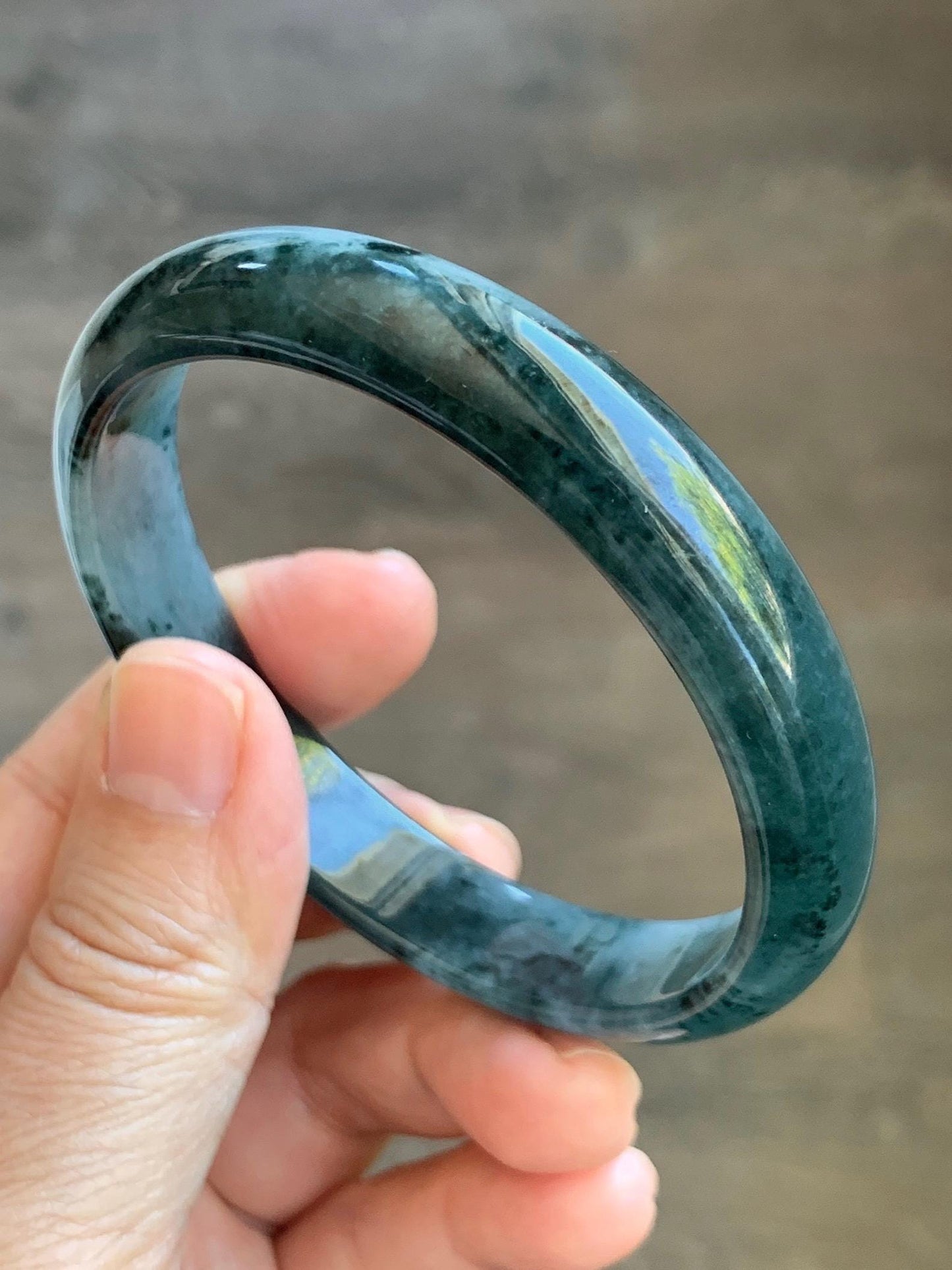 Certified Natural Grade A Guatemalan Icy Translucent Dark Teal Blue Marbled Jade Jadeite Wide Bangle 59.5mm 7.36” 41g 天然冰危深蓝飘花翡翠正圈宽版手镯 504