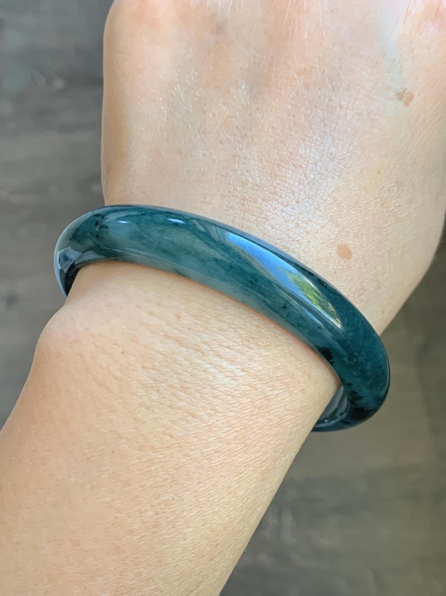 Certified Natural Grade A Guatemalan Icy Translucent Dark Teal Blue Marbled Jade Jadeite Wide Bangle 59.5mm 7.36” 41g 天然冰危深蓝飘花翡翠正圈宽版手镯 504