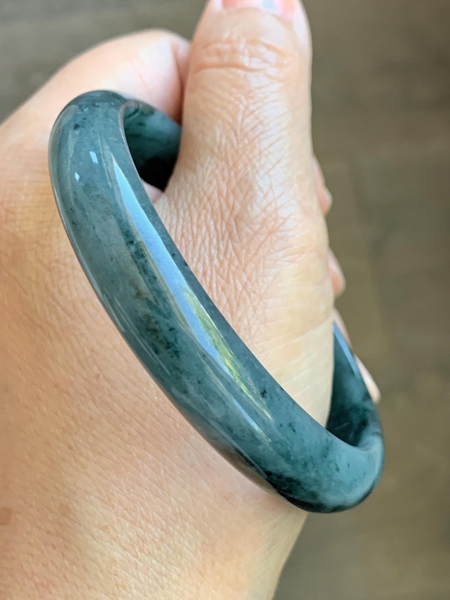 Certified Natural Grade A Guatemalan Icy Translucent Dark Teal Blue Marbled Jade Jadeite Wide Bangle 59.5mm 7.36” 41g 天然冰危深蓝飘花翡翠正圈宽版手镯 504