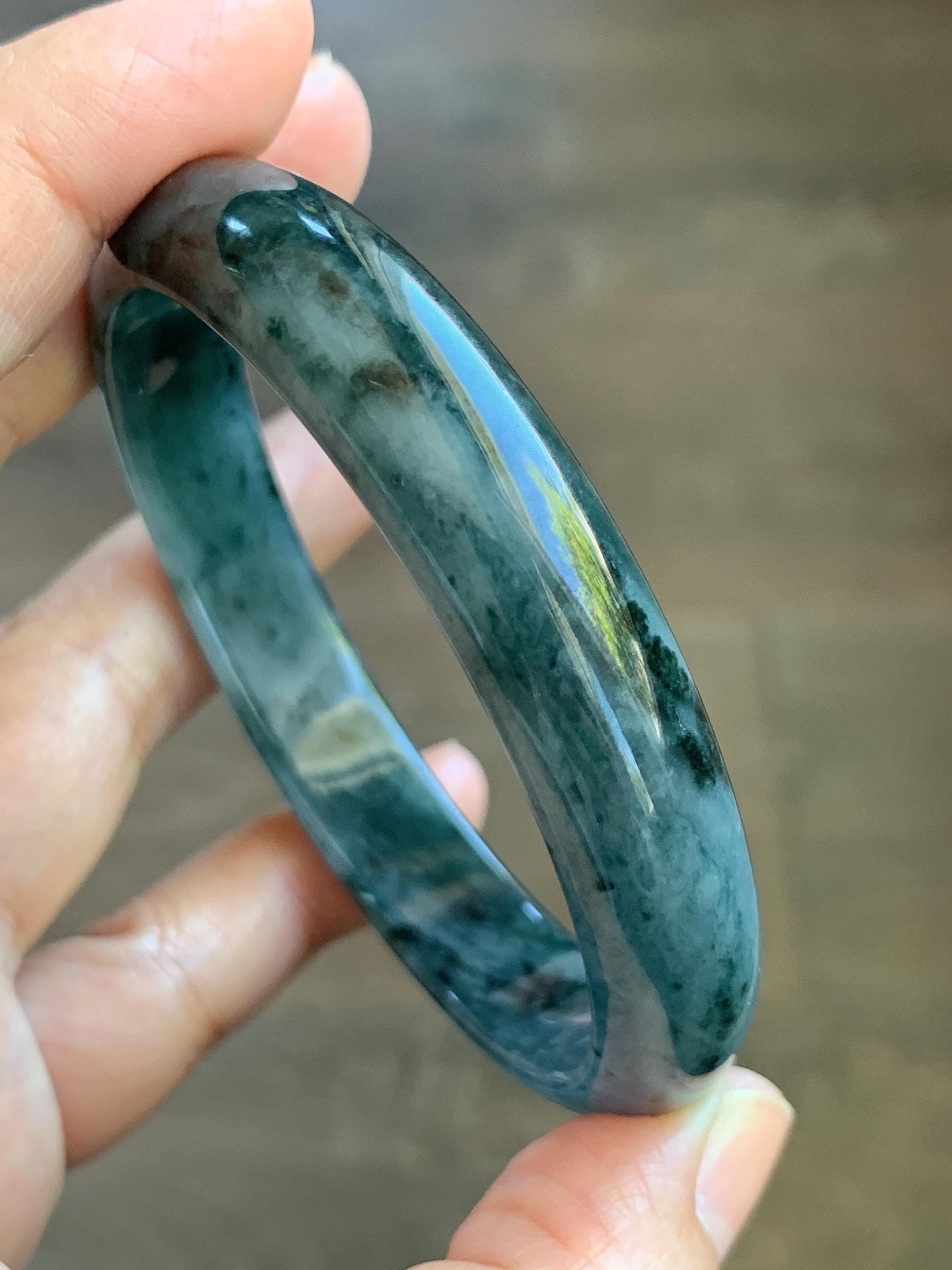 Certified Natural Grade A Guatemalan Icy Translucent Dark Teal Blue Marbled Jade Jadeite Wide Bangle 59.5mm 7.36” 41g 天然冰危深蓝飘花翡翠正圈宽版手镯 504