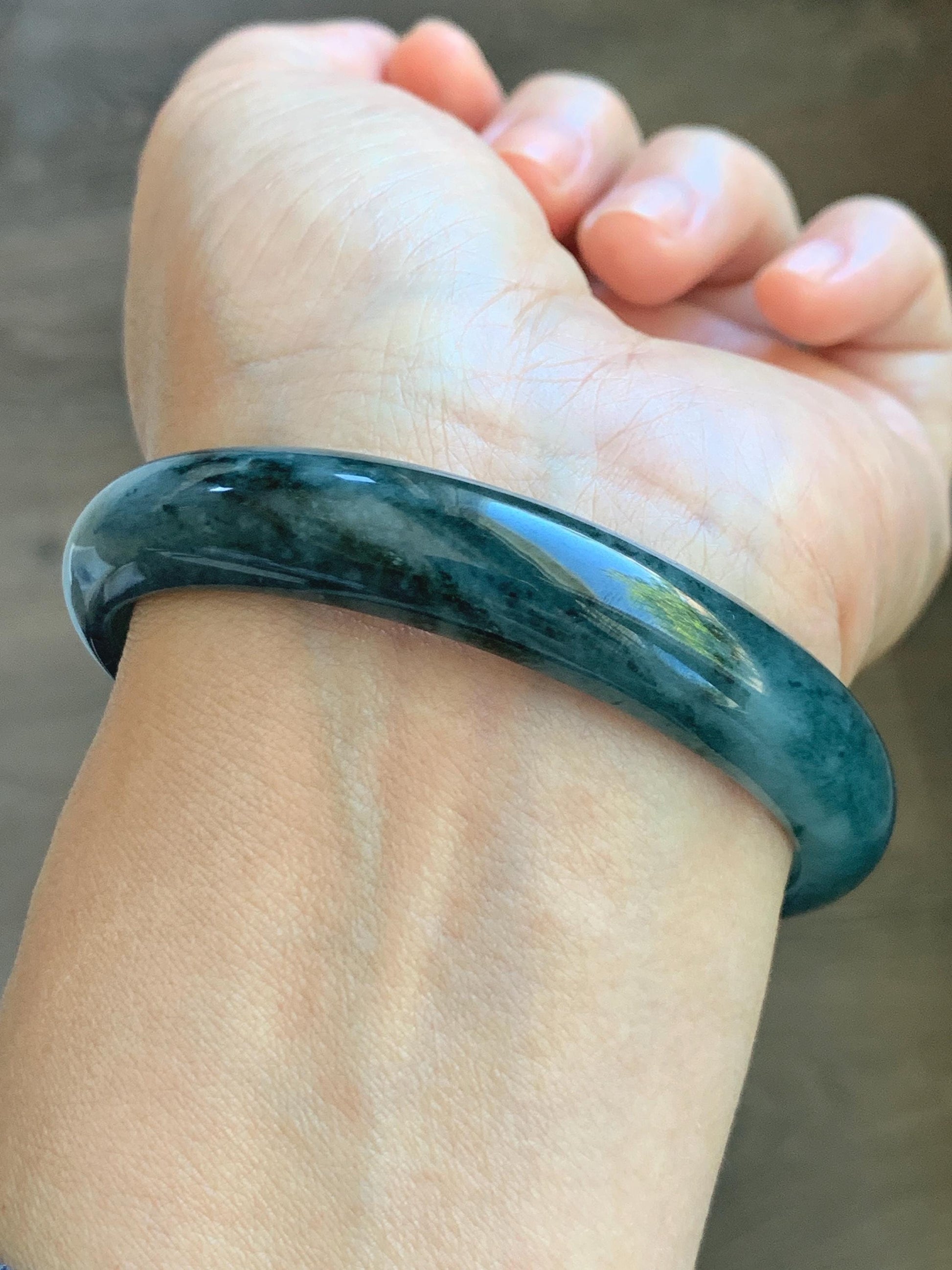 Certified Natural Grade A Guatemalan Icy Translucent Dark Teal Blue Marbled Jade Jadeite Wide Bangle 59.5mm 7.36” 41g 天然冰危深蓝飘花翡翠正圈宽版手镯 504