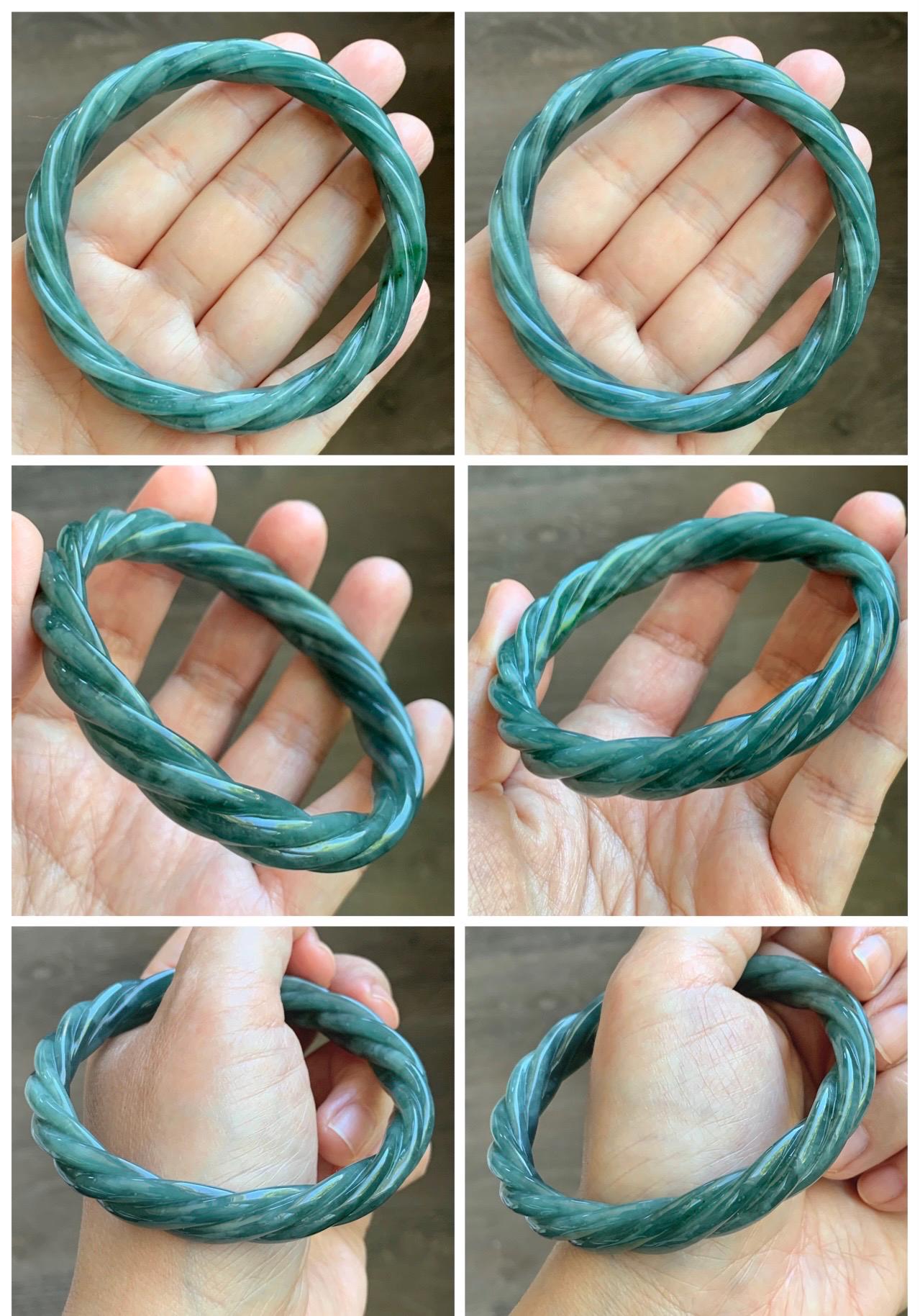 Certified Natural Grade A Guatemalan Icy Translucent Dark Dusty Teal Marbled Jade Jadeite Carved Braid Bangle 61.6mm 7.6” 天然冰危暗蓝飘花翡翠麻花手镯 499