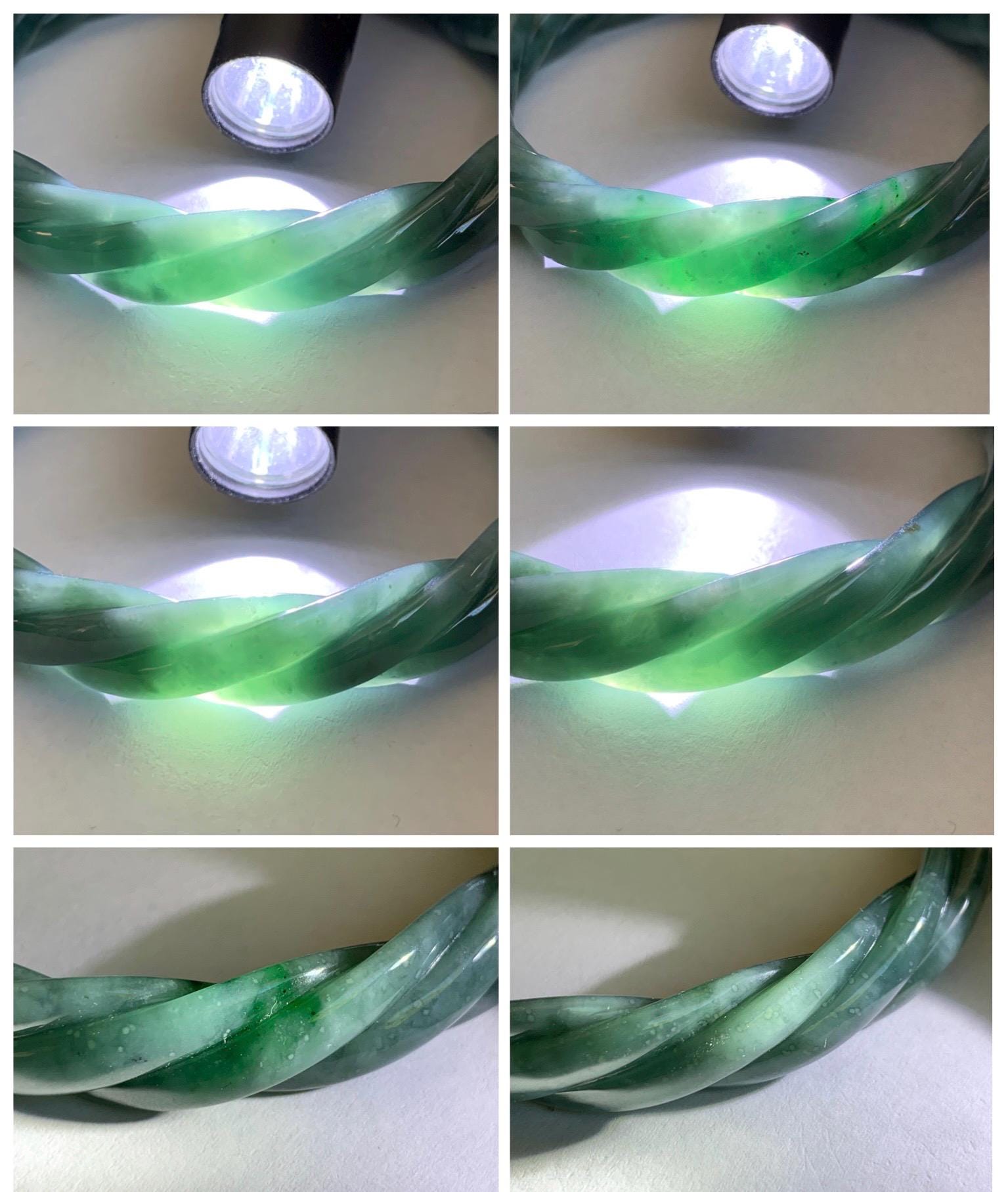 Certified Natural Grade A Guatemalan Icy Translucent Dark Dusty Teal Marbled Jade Jadeite Carved Braid Bangle 61.6mm 7.6” 天然冰危暗蓝飘花翡翠麻花手镯 499