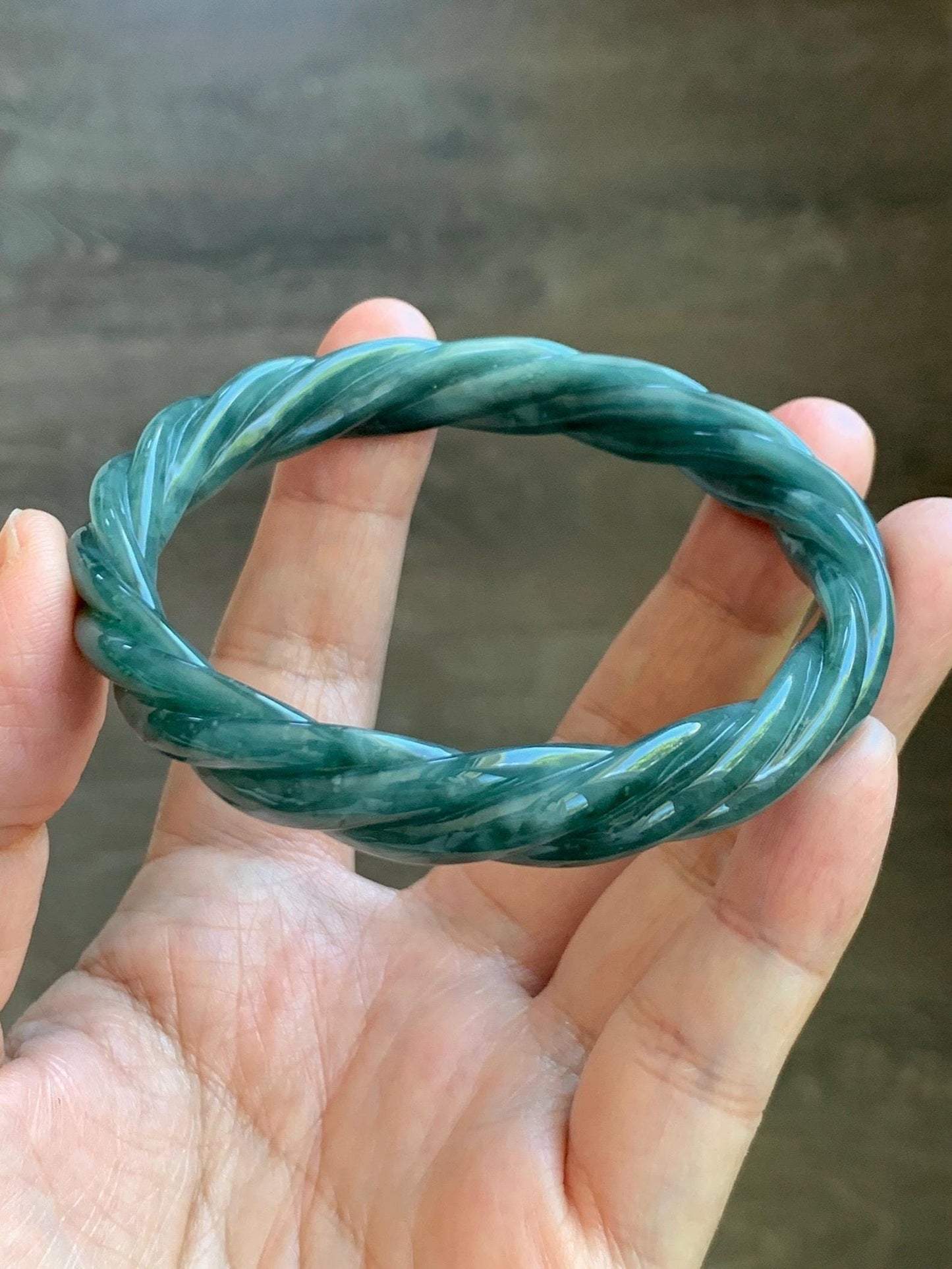 Certified Natural Grade A Guatemalan Icy Translucent Dark Dusty Teal Marbled Jade Jadeite Carved Braid Bangle 61.6mm 7.6” 天然冰危暗蓝飘花翡翠麻花手镯 499