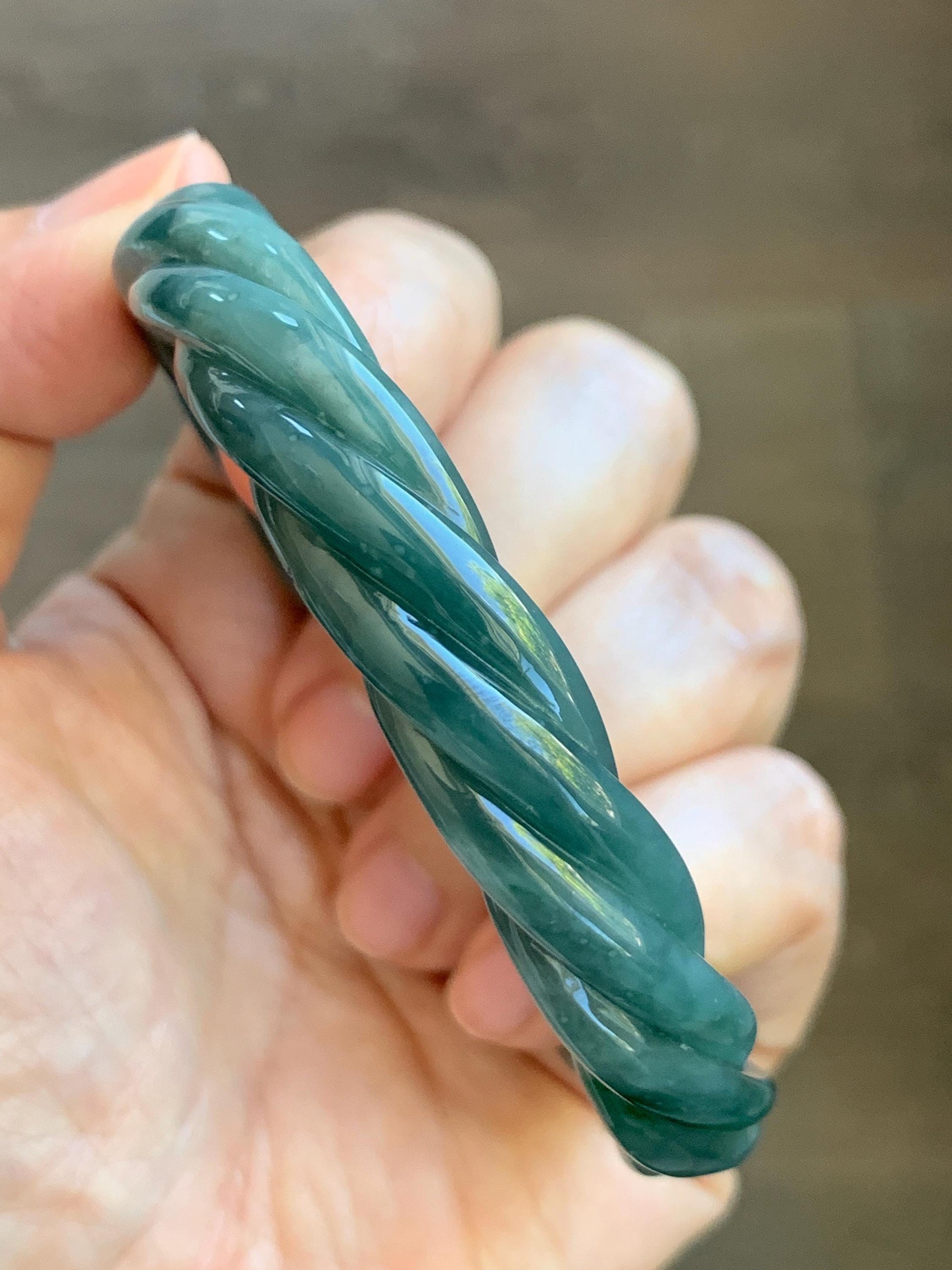 Certified Natural Grade A Guatemalan Icy Translucent Dark Dusty Teal Marbled Jade Jadeite Carved Braid Bangle 61.6mm 7.6” 天然冰危暗蓝飘花翡翠麻花手镯 499