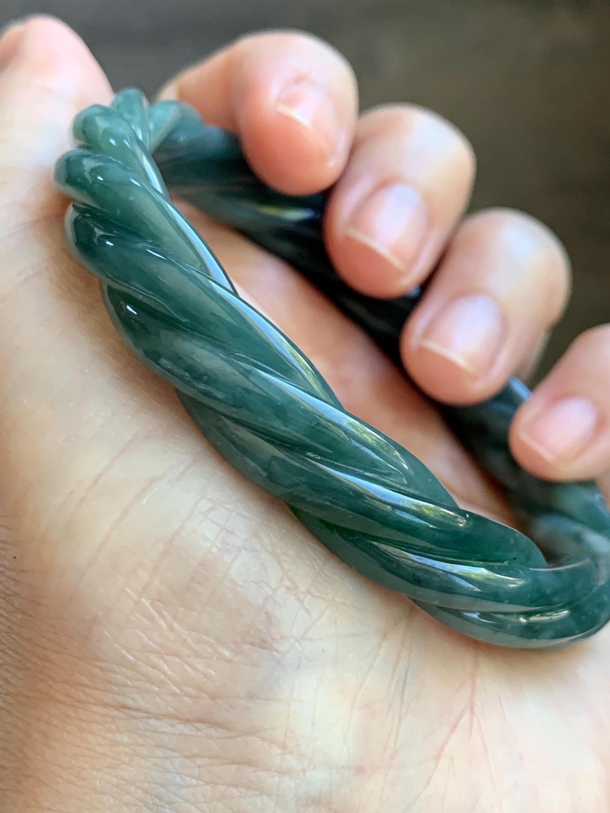 Certified Natural Grade A Guatemalan Icy Translucent Dark Dusty Teal Marbled Jade Jadeite Carved Braid Bangle 61.6mm 7.6” 天然冰危暗蓝飘花翡翠麻花手镯 499