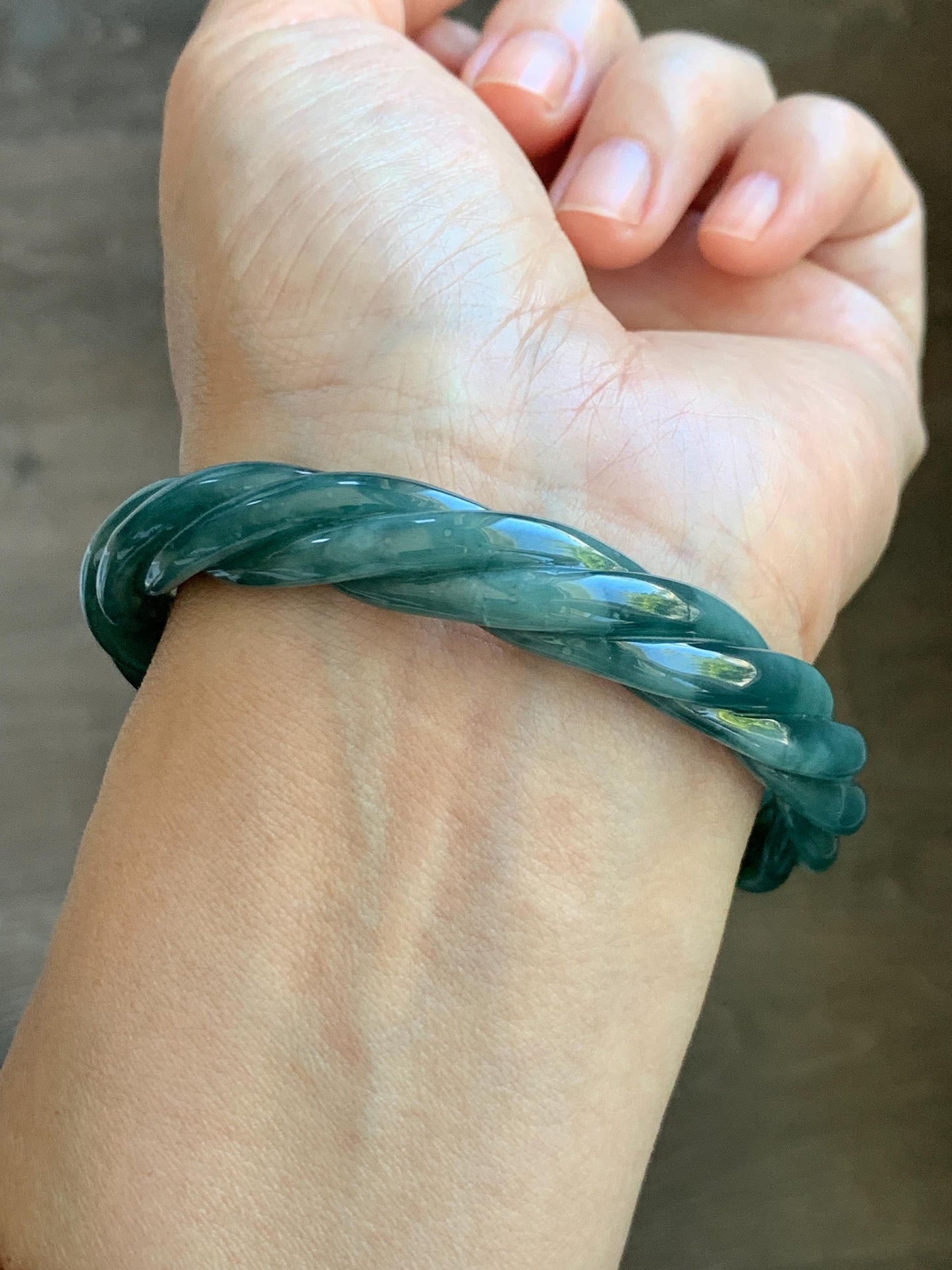 Certified Natural Grade A Guatemalan Icy Translucent Dark Dusty Teal Marbled Jade Jadeite Carved Braid Bangle 61.6mm 7.6” 天然冰危暗蓝飘花翡翠麻花手镯 499