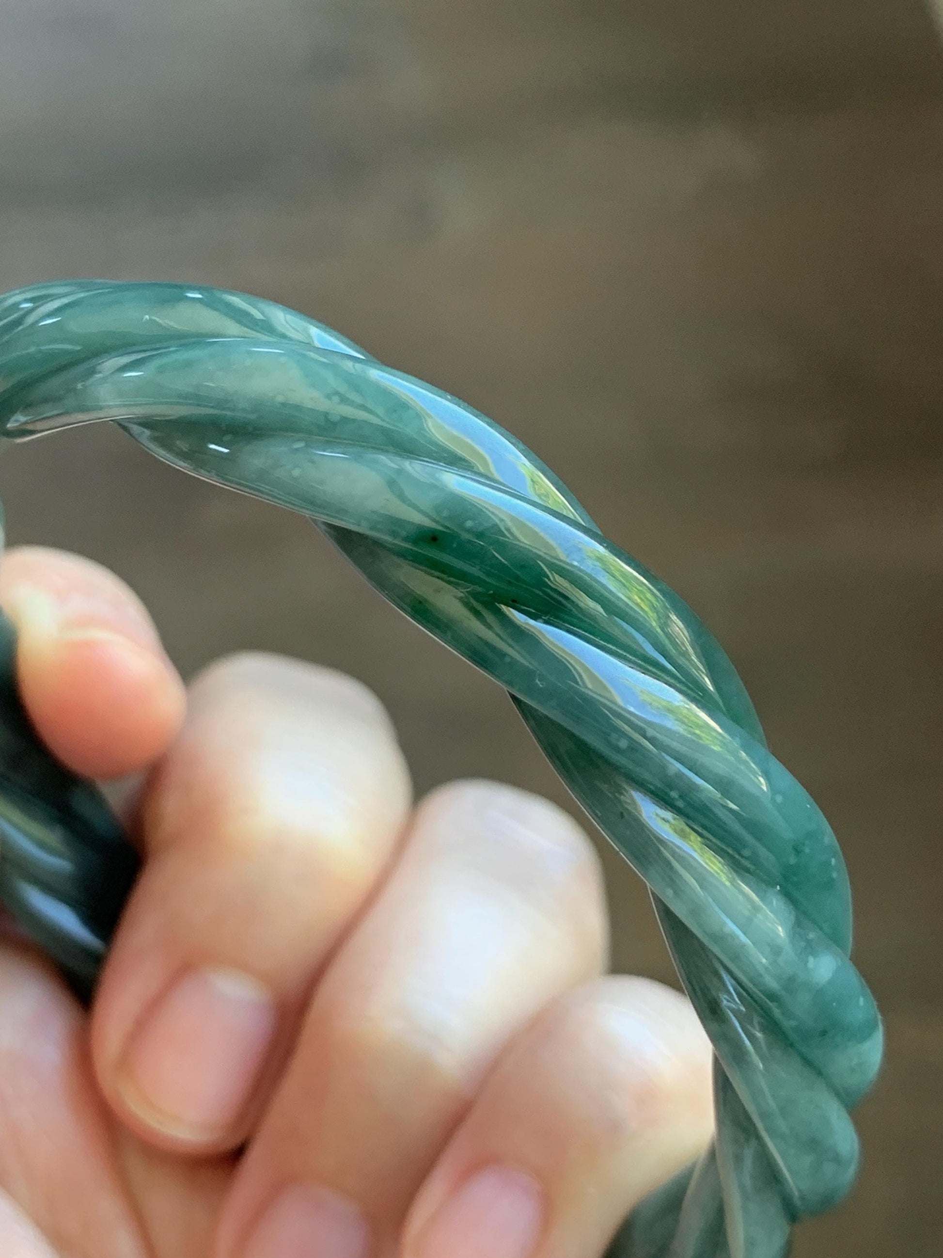 Certified Natural Grade A Guatemalan Icy Translucent Dark Dusty Teal Marbled Jade Jadeite Carved Braid Bangle 61.6mm 7.6” 天然冰危暗蓝飘花翡翠麻花手镯 499