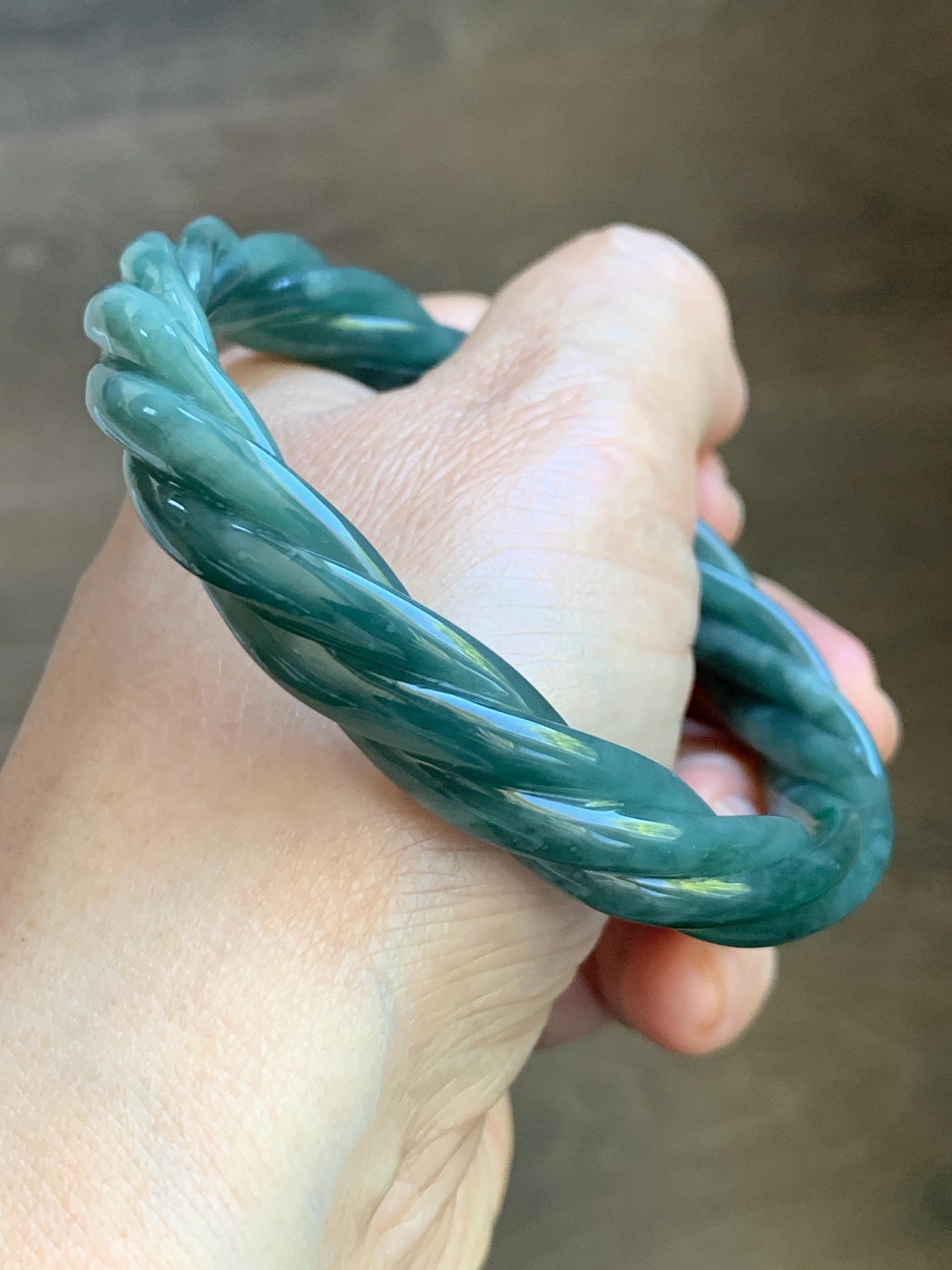 Certified Natural Grade A Guatemalan Icy Translucent Dark Dusty Teal Marbled Jade Jadeite Carved Braid Bangle 61.6mm 7.6” 天然冰危暗蓝飘花翡翠麻花手镯 499