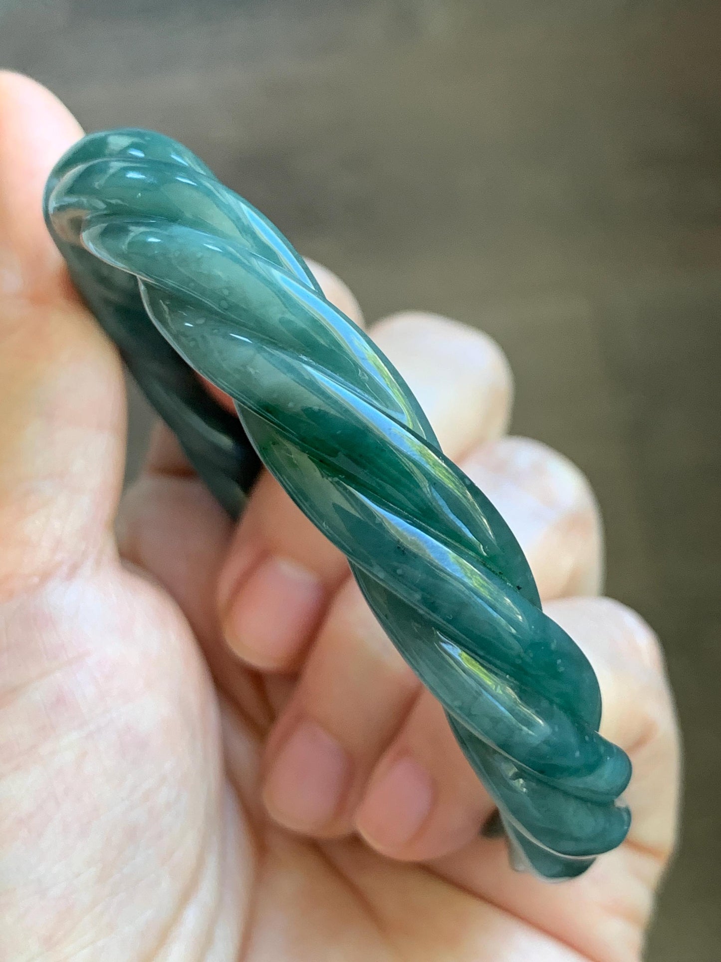 Certified Natural Grade A Guatemalan Icy Translucent Dark Dusty Teal Marbled Jade Jadeite Carved Braid Bangle 61.6mm 7.6” 天然冰危暗蓝飘花翡翠麻花手镯 499