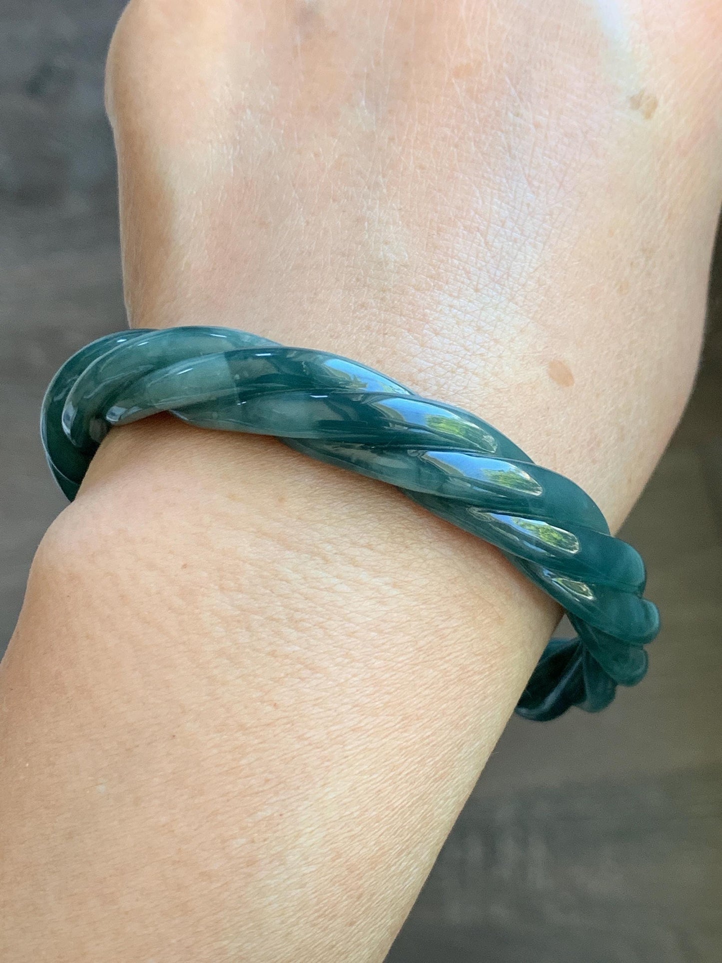 Certified Natural Grade A Guatemalan Icy Translucent Dark Dusty Teal Marbled Jade Jadeite Carved Braid Bangle 61.6mm 7.6” 天然冰危暗蓝飘花翡翠麻花手镯 499