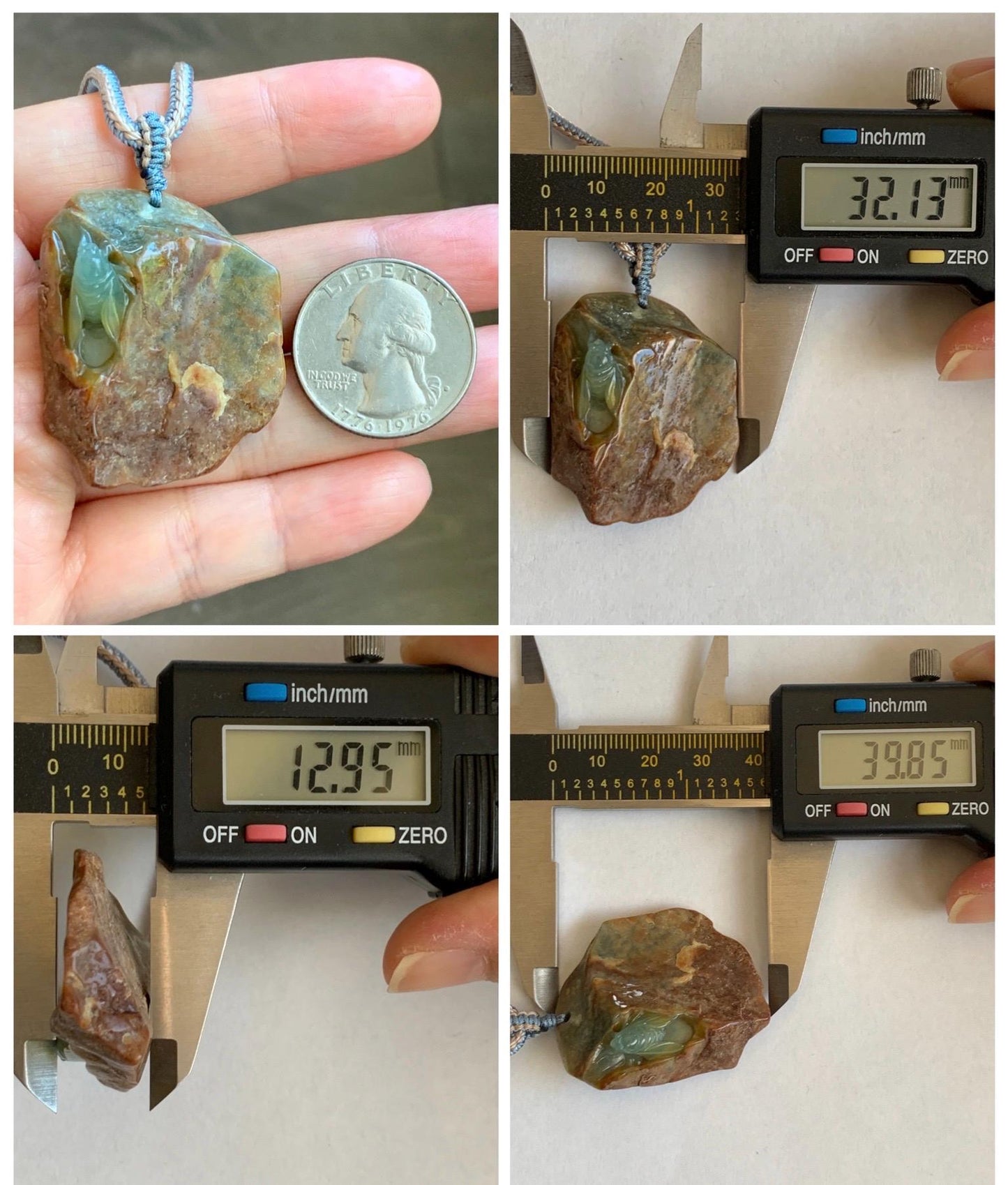 Natural Grade A Guatemalan Icy Light Blue Jade Jadeite w/ Brown Rind Carved Cicada Pendant Rope Necklace 27.5" 26g 天然危黄翡翠知了蝉皮壳料吊坠 WHP368D