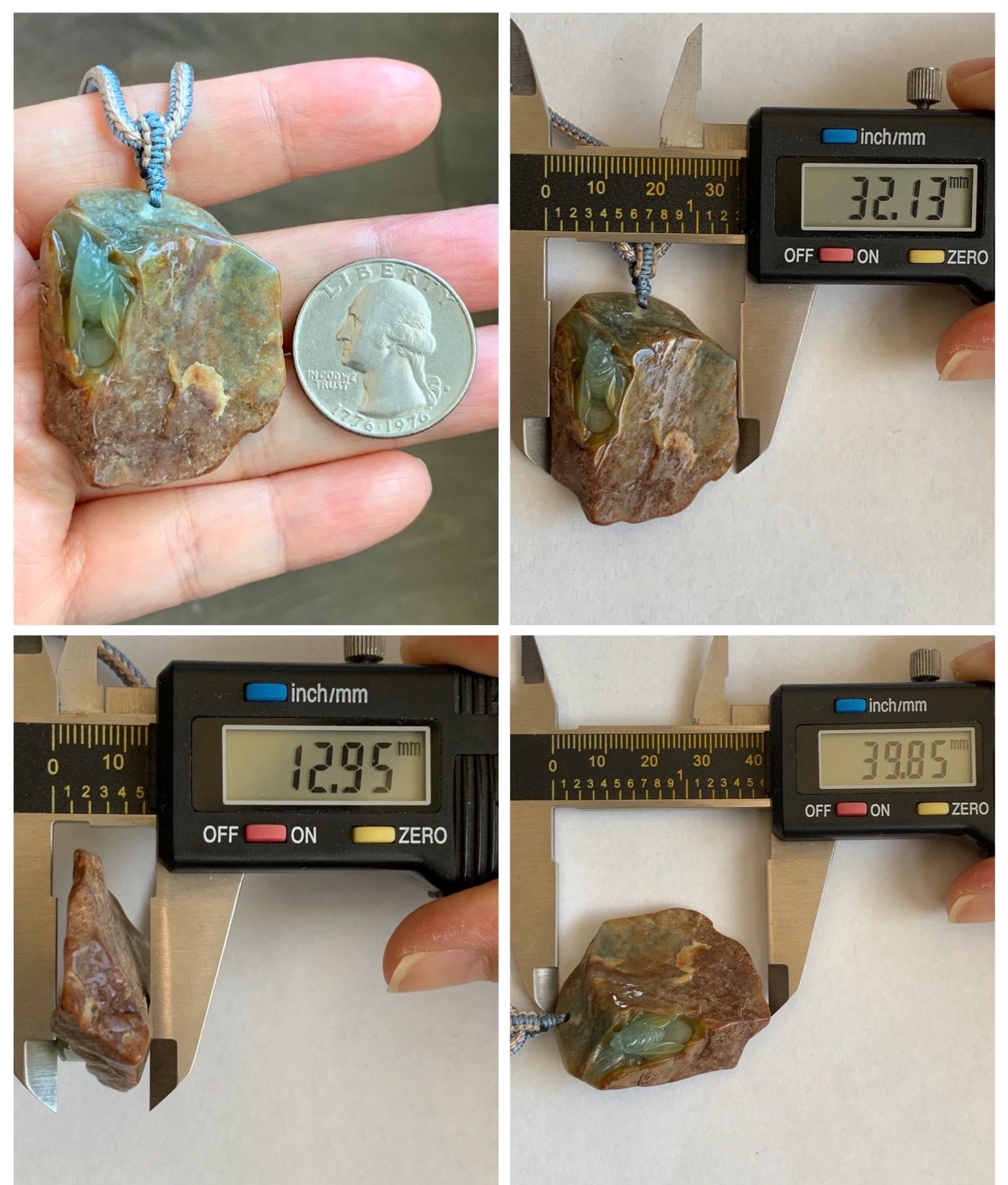 Natural Grade A Guatemalan Icy Light Blue Jade Jadeite w/ Brown Rind Carved Cicada Pendant Rope Necklace 27.5" 26g 天然危黄翡翠知了蝉皮壳料吊坠 WHP368D