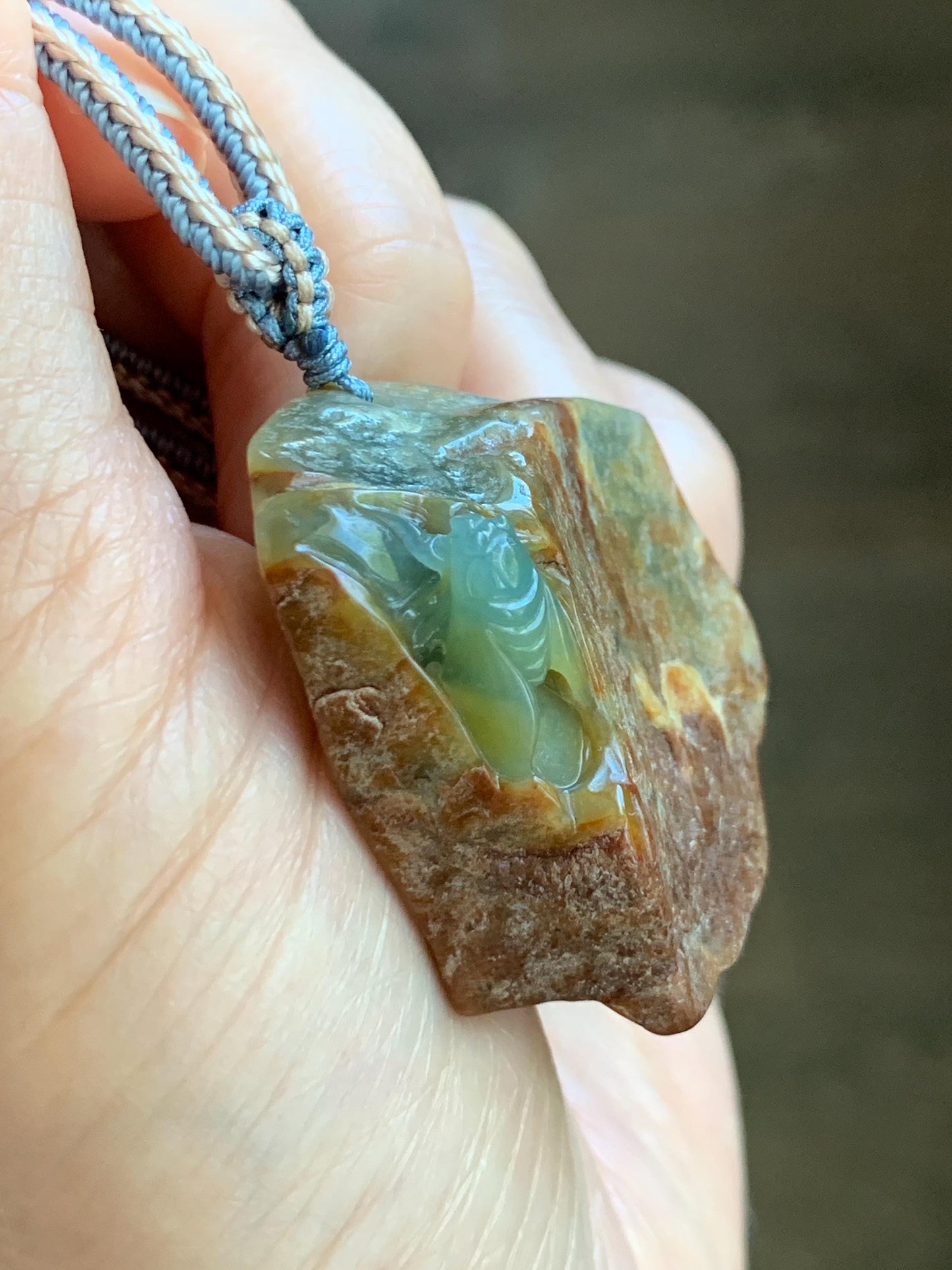 Natural Grade A Guatemalan Icy Light Blue Jade Jadeite w/ Brown Rind Carved Cicada Pendant Rope Necklace 27.5" 26g 天然危黄翡翠知了蝉皮壳料吊坠 WHP368D