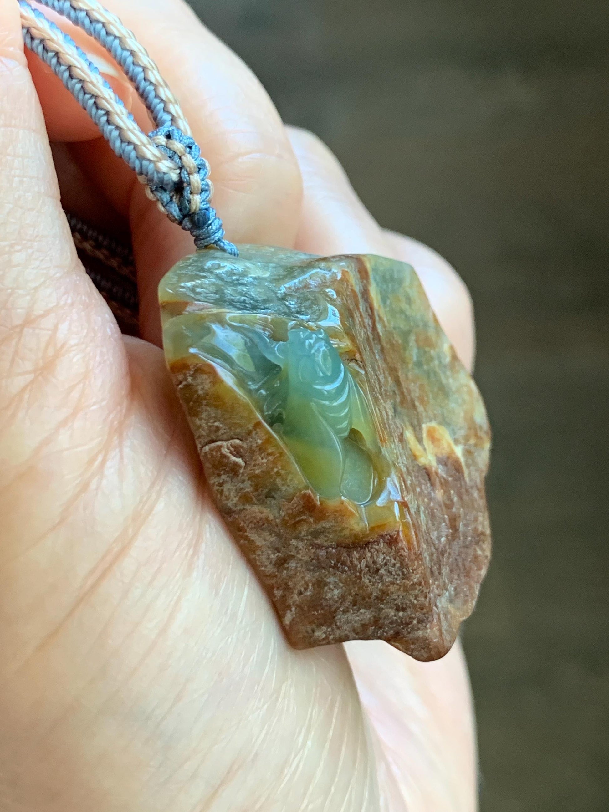 Natural Grade A Guatemalan Icy Light Blue Jade Jadeite w/ Brown Rind Carved Cicada Pendant Rope Necklace 27.5" 26g 天然危黄翡翠知了蝉皮壳料吊坠 WHP368D