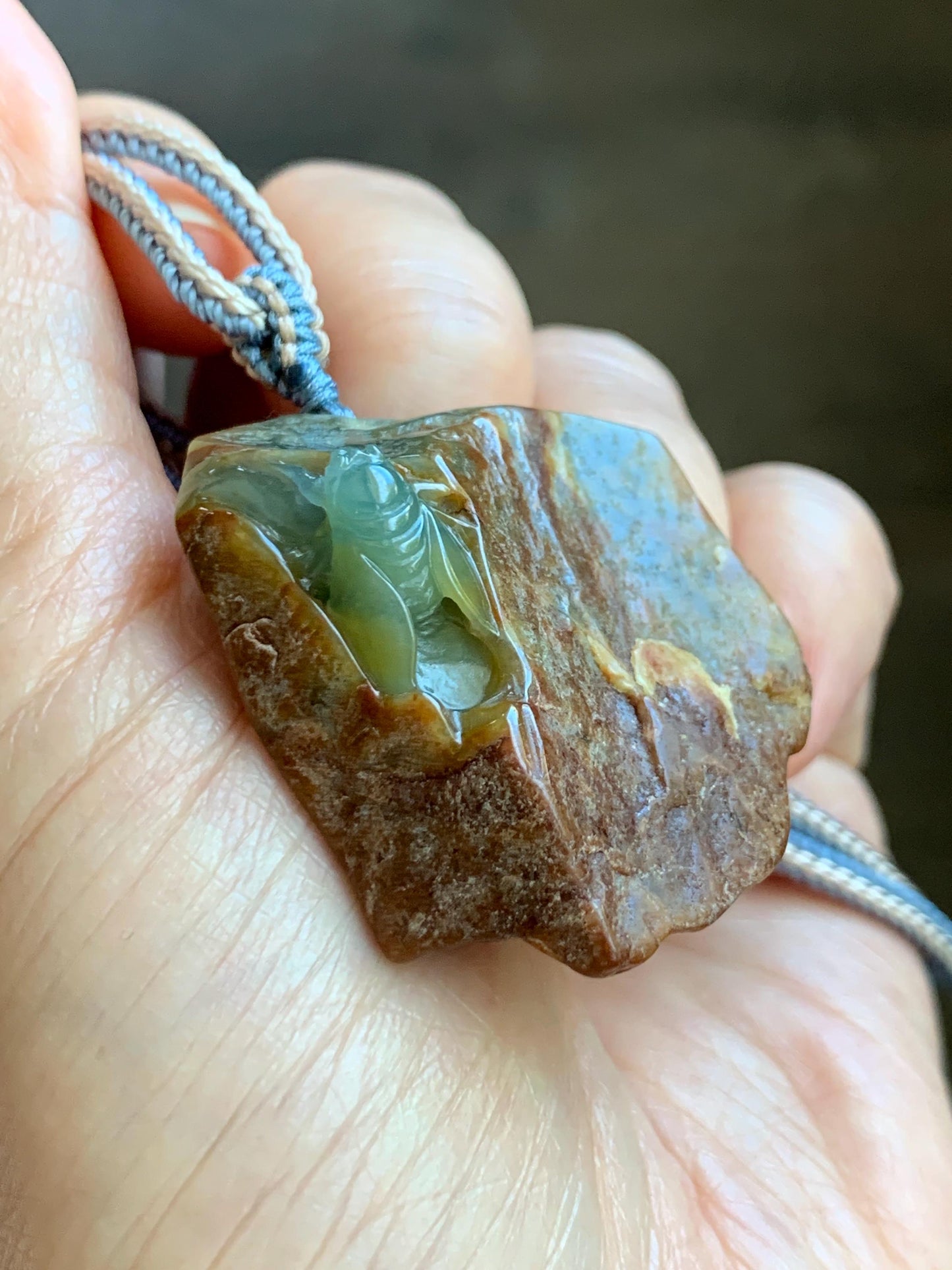 Natural Grade A Guatemalan Icy Light Blue Jade Jadeite w/ Brown Rind Carved Cicada Pendant Rope Necklace 27.5" 26g 天然危黄翡翠知了蝉皮壳料吊坠 WHP368D
