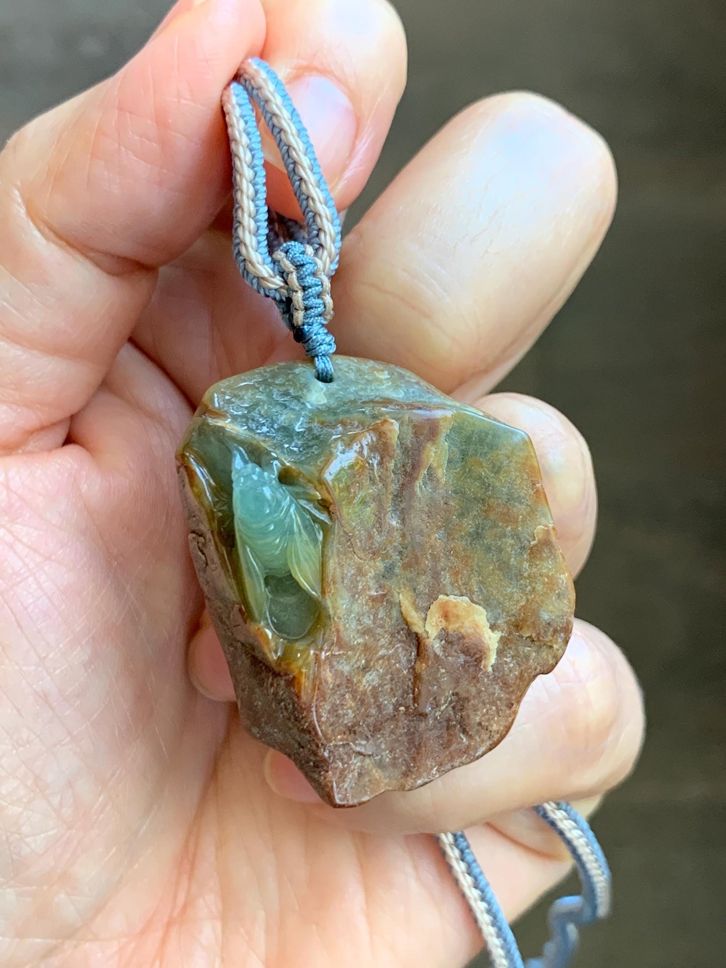 Natural Grade A Guatemalan Icy Light Blue Jade Jadeite w/ Brown Rind Carved Cicada Pendant Rope Necklace 27.5" 26g 天然危黄翡翠知了蝉皮壳料吊坠 WHP368D