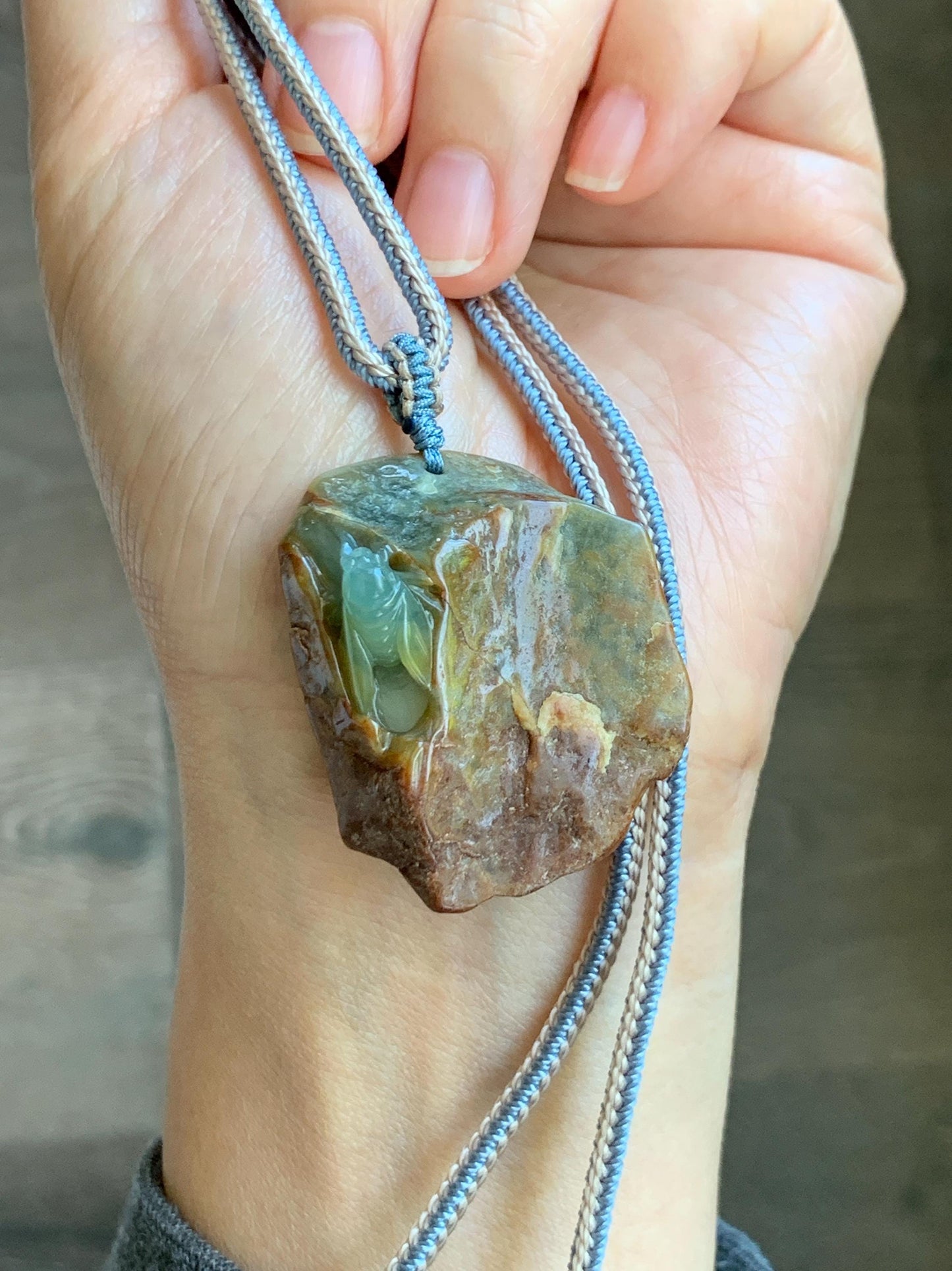Natural Grade A Guatemalan Icy Light Blue Jade Jadeite w/ Brown Rind Carved Cicada Pendant Rope Necklace 27.5" 26g 天然危黄翡翠知了蝉皮壳料吊坠 WHP368D