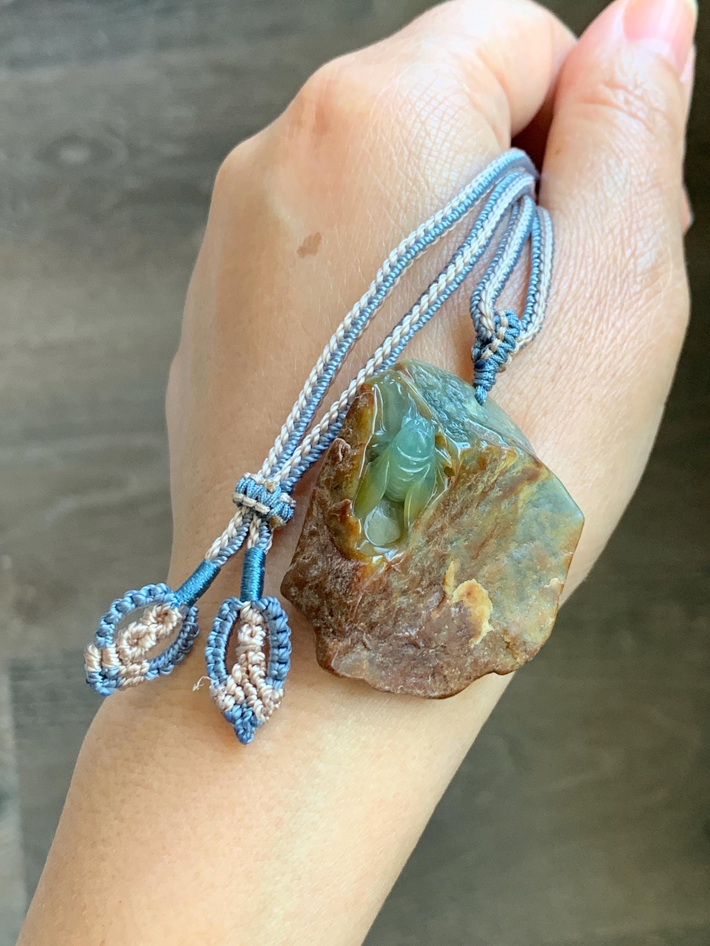 Natural Grade A Guatemalan Icy Light Blue Jade Jadeite w/ Brown Rind Carved Cicada Pendant Rope Necklace 27.5" 26g 天然危黄翡翠知了蝉皮壳料吊坠 WHP368D