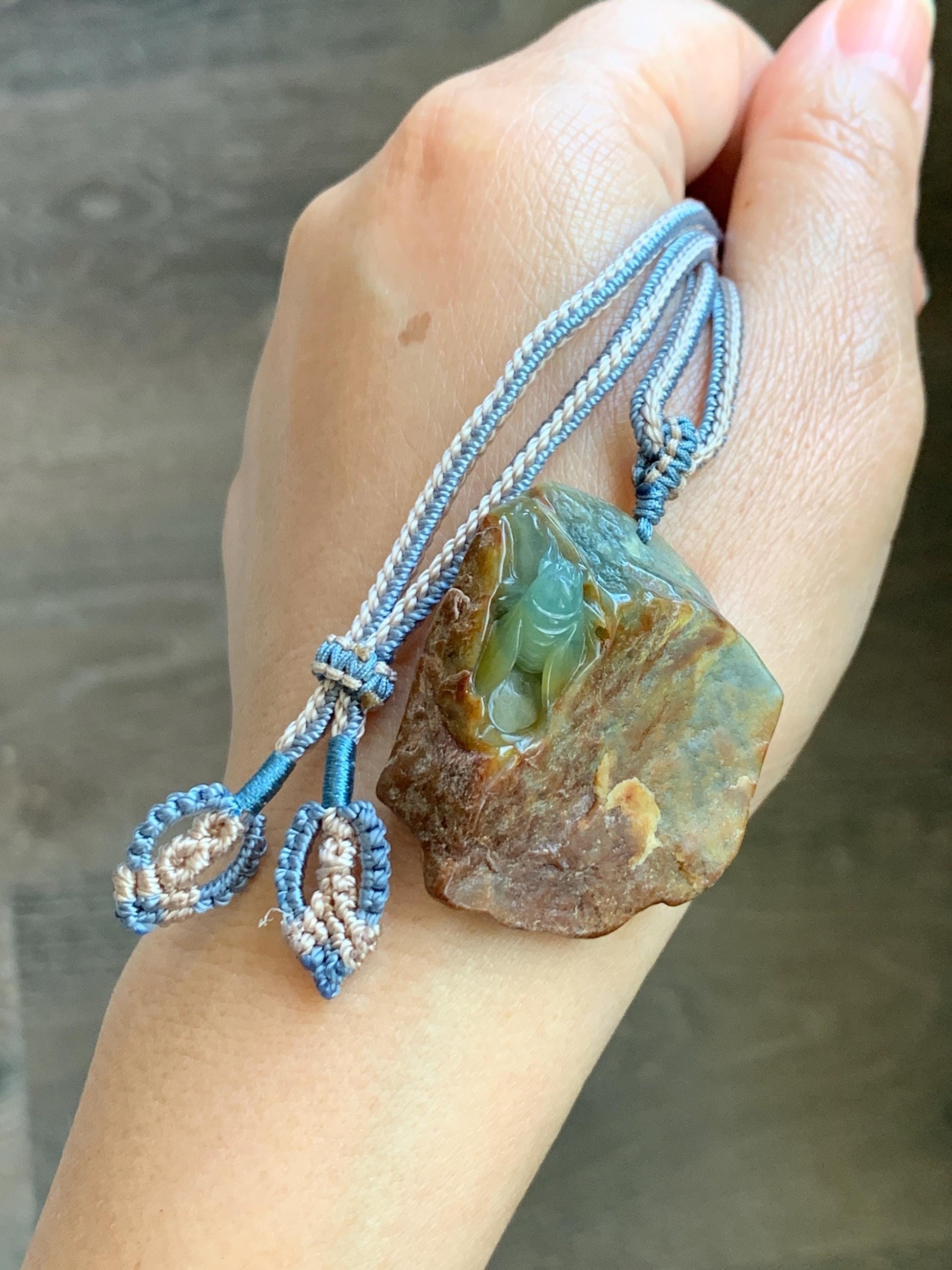 Natural Grade A Guatemalan Icy Light Blue Jade Jadeite w/ Brown Rind Carved Cicada Pendant Rope Necklace 27.5" 26g 天然危黄翡翠知了蝉皮壳料吊坠 WHP368D