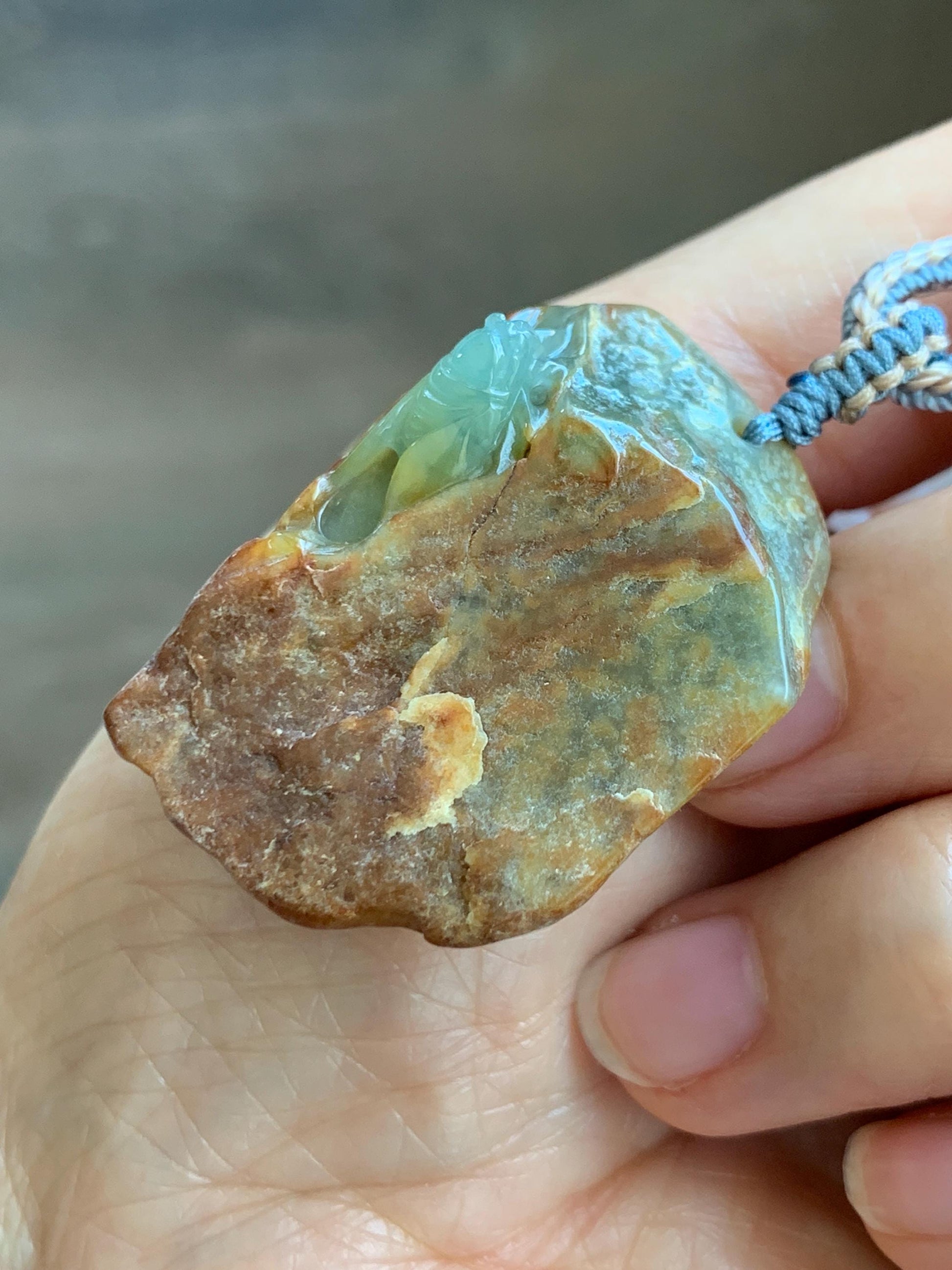 Natural Grade A Guatemalan Icy Light Blue Jade Jadeite w/ Brown Rind Carved Cicada Pendant Rope Necklace 27.5" 26g 天然危黄翡翠知了蝉皮壳料吊坠 WHP368D