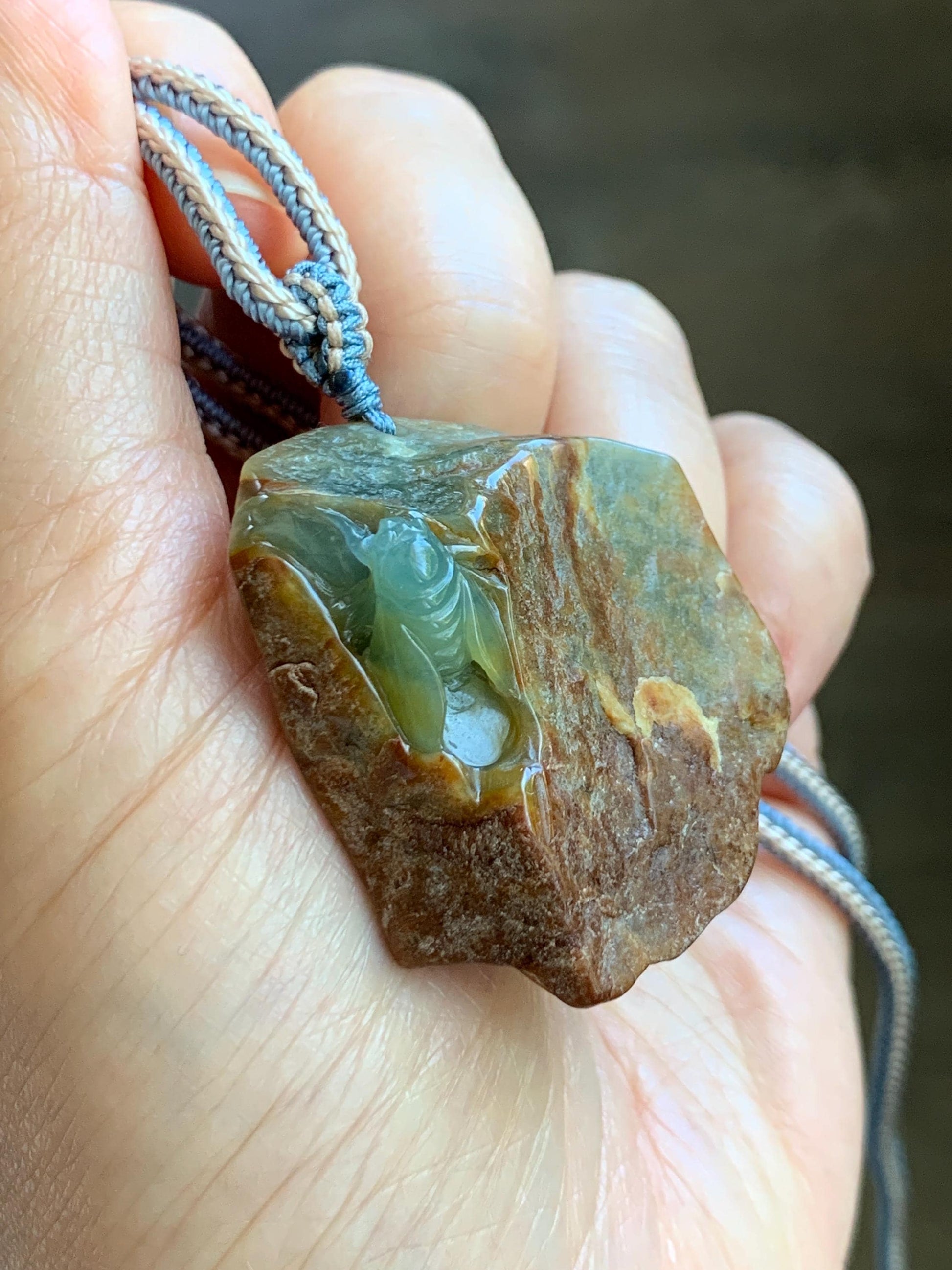 Natural Grade A Guatemalan Icy Light Blue Jade Jadeite w/ Brown Rind Carved Cicada Pendant Rope Necklace 27.5" 26g 天然危黄翡翠知了蝉皮壳料吊坠 WHP368D