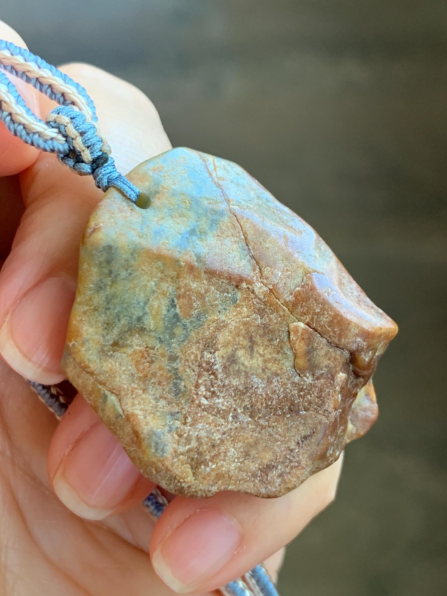 Natural Grade A Guatemalan Icy Light Blue Jade Jadeite w/ Brown Rind Carved Cicada Pendant Rope Necklace 27.5" 26g 天然危黄翡翠知了蝉皮壳料吊坠 WHP368D