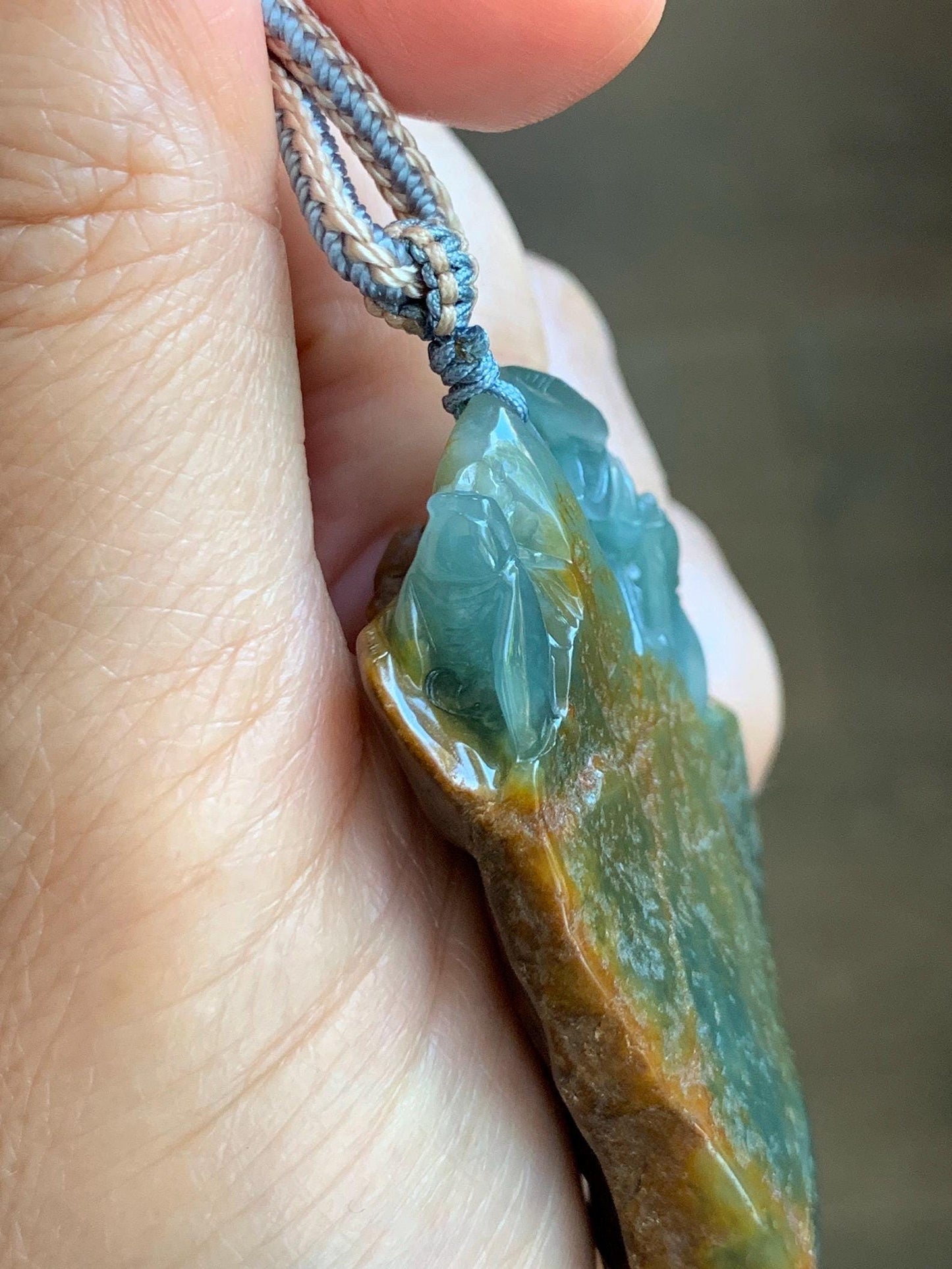 Large Natural Grade A Guatemalan Icy Dusty Blue Jade Jadeite w/ Brown Rind Carved Cicada Pendant Rope Necklace 27" 62 天然危黄翡翠知了蝉皮壳料吊坠 WHP368C