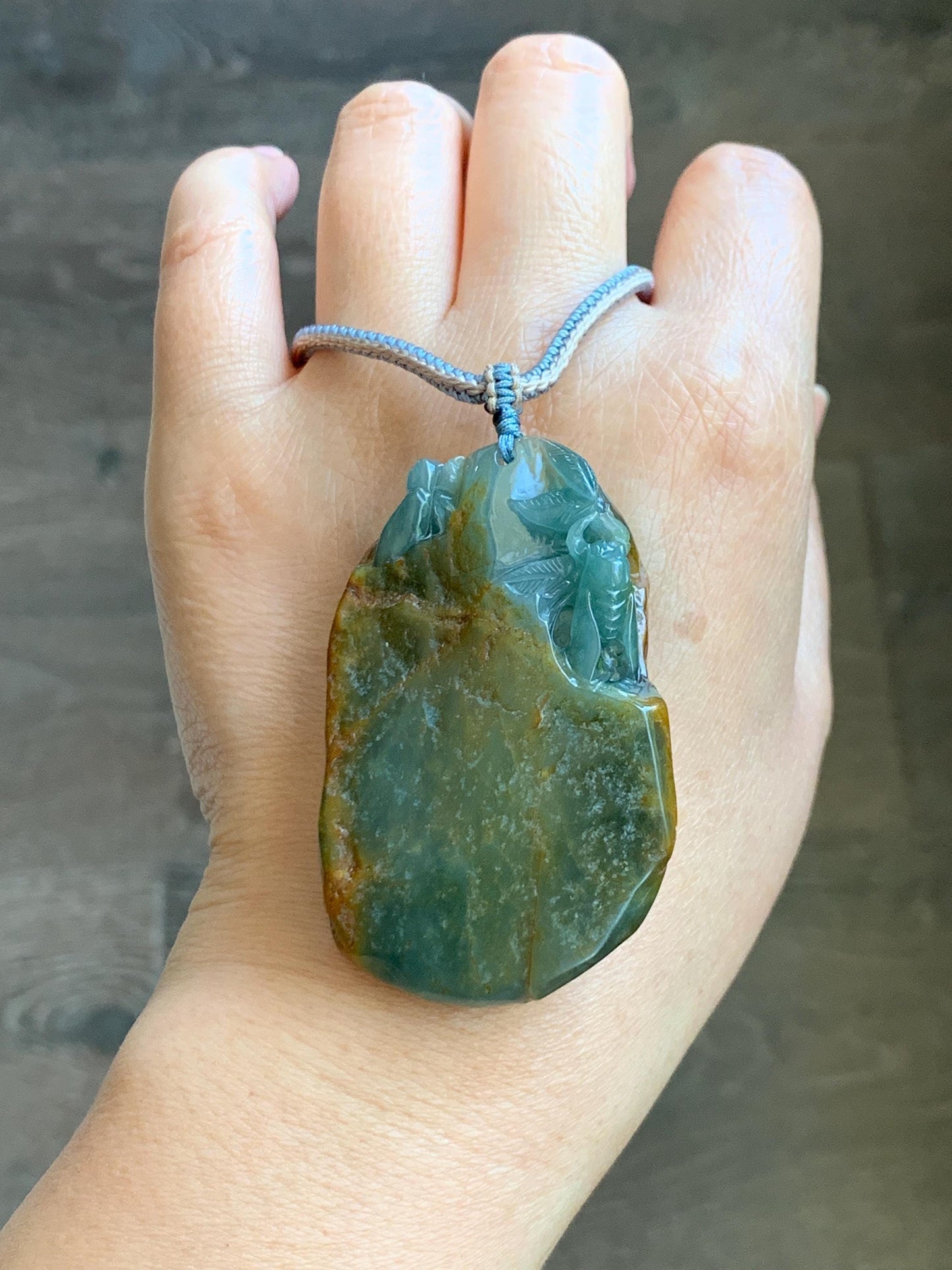 Large Natural Grade A Guatemalan Icy Dusty Blue Jade Jadeite w/ Brown Rind Carved Cicada Pendant Rope Necklace 27" 62 天然危黄翡翠知了蝉皮壳料吊坠 WHP368C