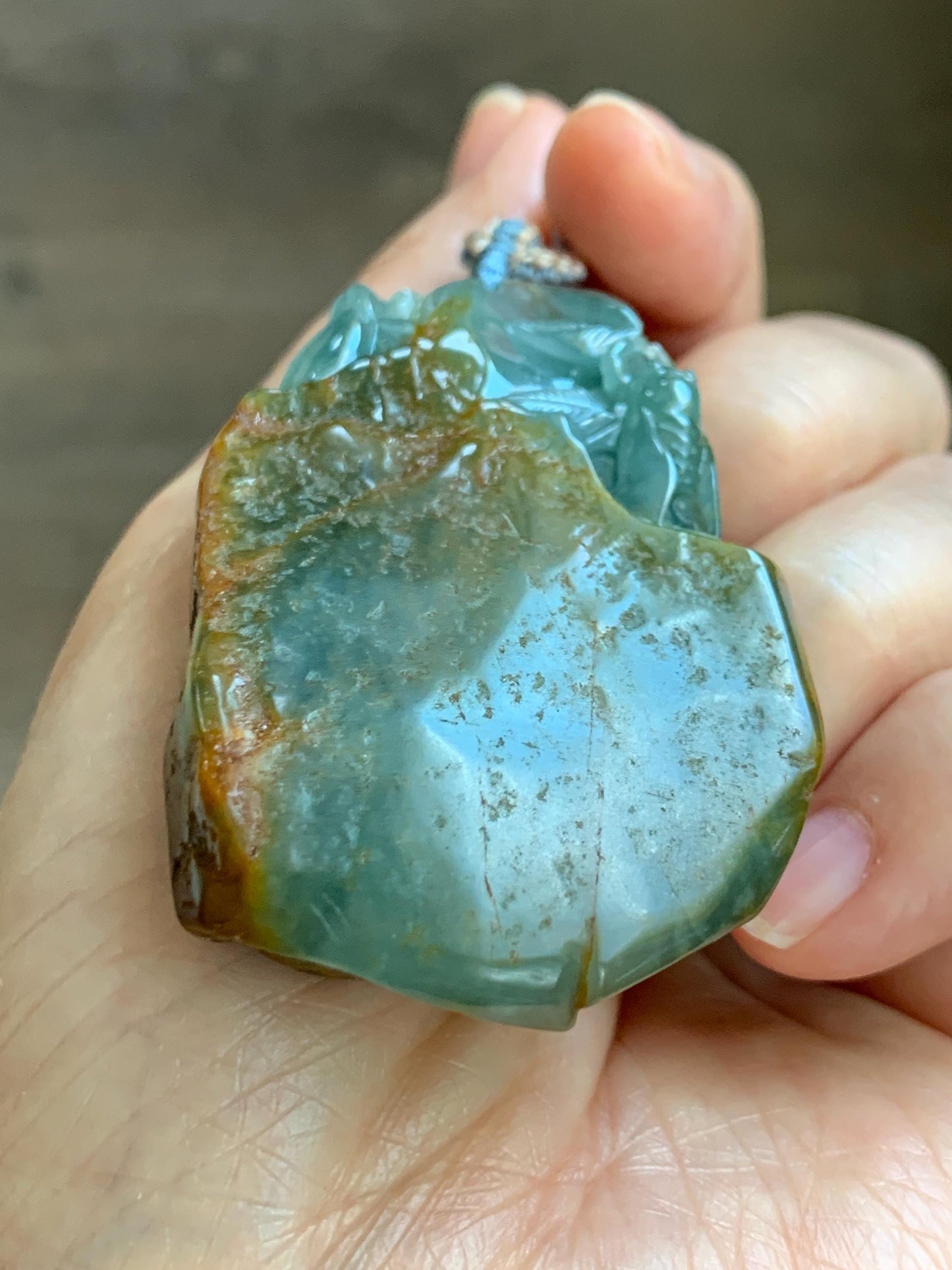 Large Natural Grade A Guatemalan Icy Dusty Blue Jade Jadeite w/ Brown Rind Carved Cicada Pendant Rope Necklace 27" 62 天然危黄翡翠知了蝉皮壳料吊坠 WHP368C