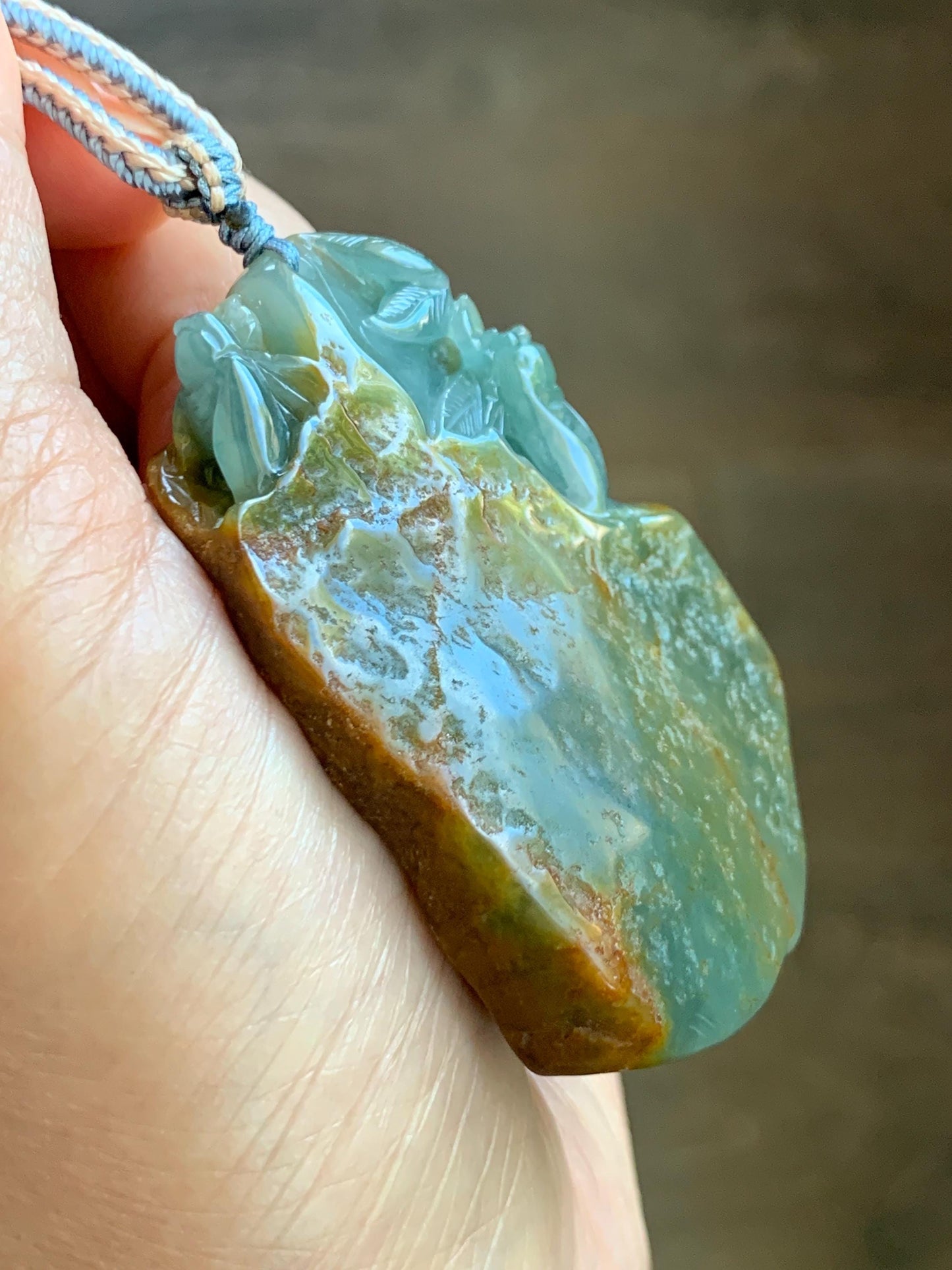 Large Natural Grade A Guatemalan Icy Dusty Blue Jade Jadeite w/ Brown Rind Carved Cicada Pendant Rope Necklace 27" 62 天然危黄翡翠知了蝉皮壳料吊坠 WHP368C