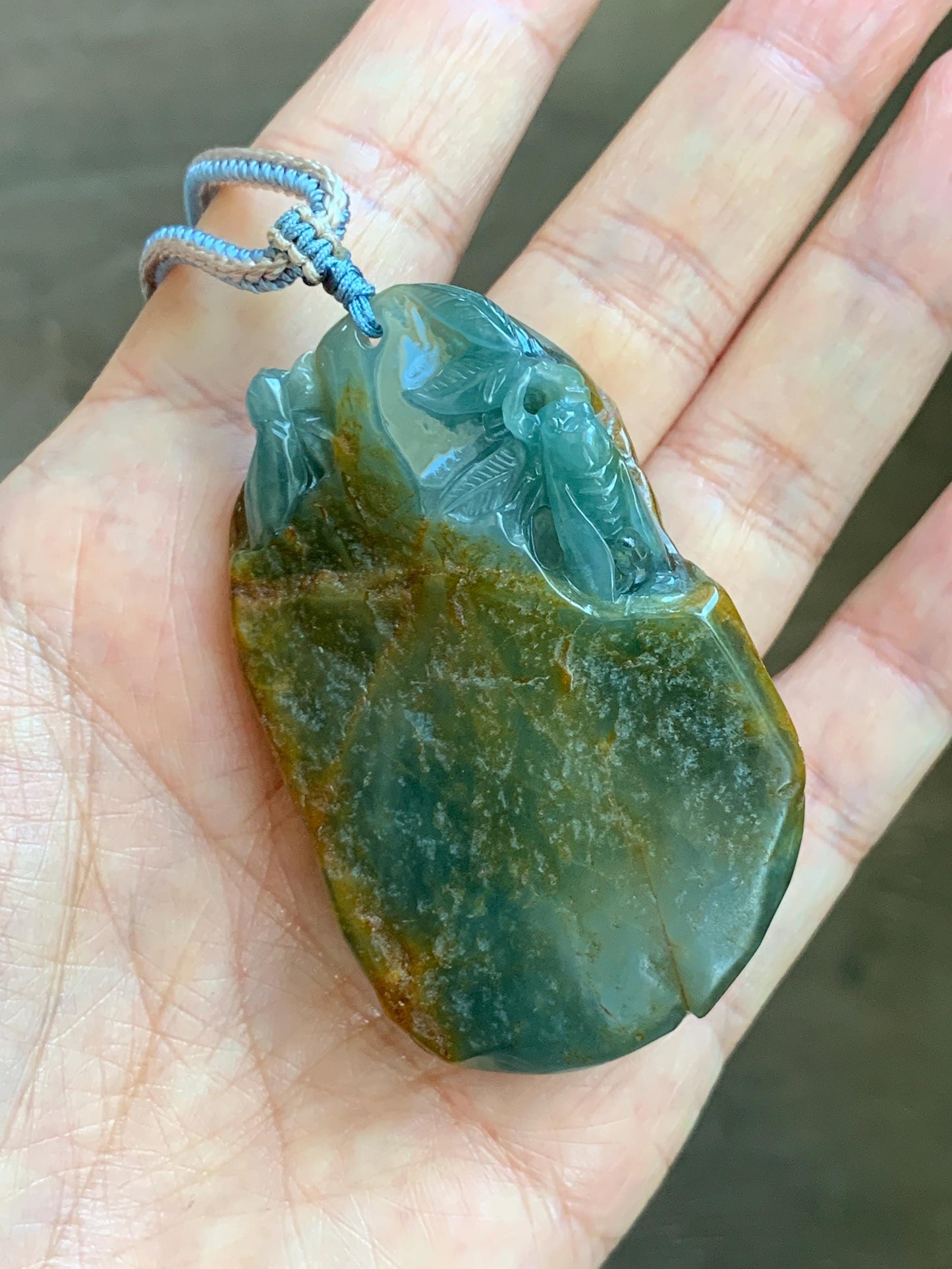Large Natural Grade A Guatemalan Icy Dusty Blue Jade Jadeite w/ Brown Rind Carved Cicada Pendant Rope Necklace 27" 62 天然危黄翡翠知了蝉皮壳料吊坠 WHP368C