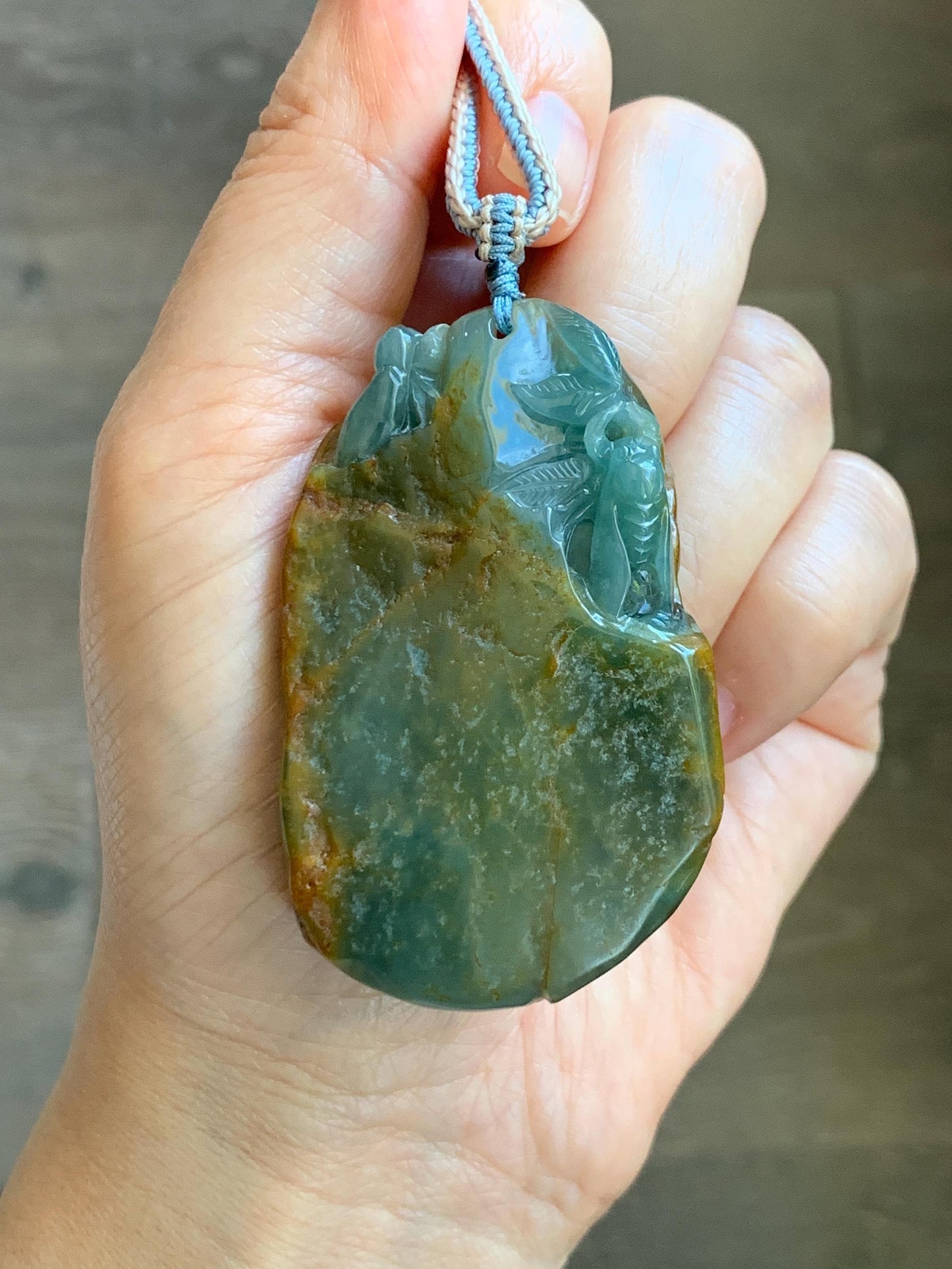 Large Natural Grade A Guatemalan Icy Dusty Blue Jade Jadeite w/ Brown Rind Carved Cicada Pendant Rope Necklace 27" 62 天然危黄翡翠知了蝉皮壳料吊坠 WHP368C