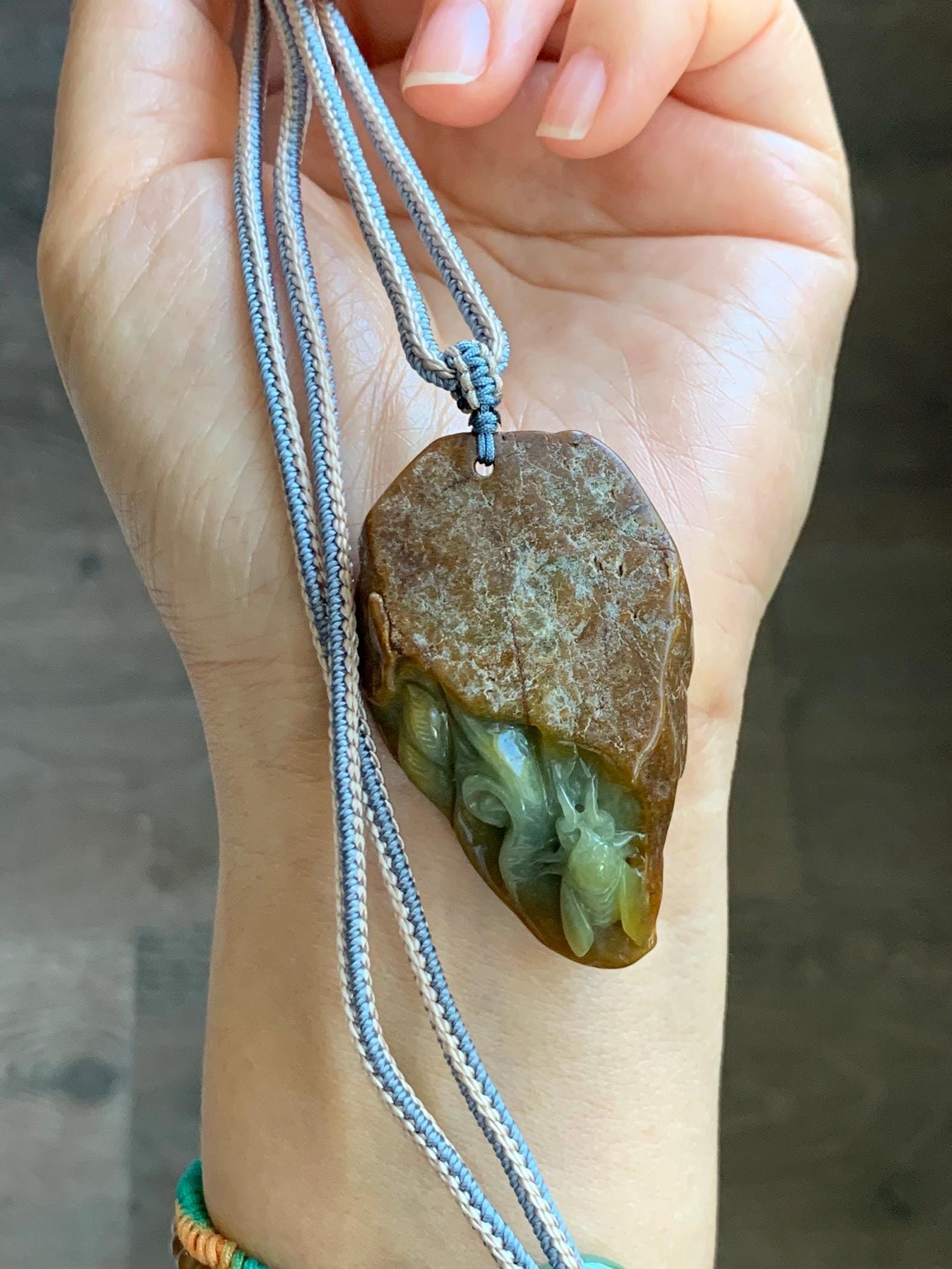 Natural Grade A Guatemalan Yellow Jade Jadeite w/ Brown Rind Carved Cicada Teardrop Pendant Rope Necklace 27" 33g 天然危黄翡翠知了蝉皮壳料吊坠 WHP368B