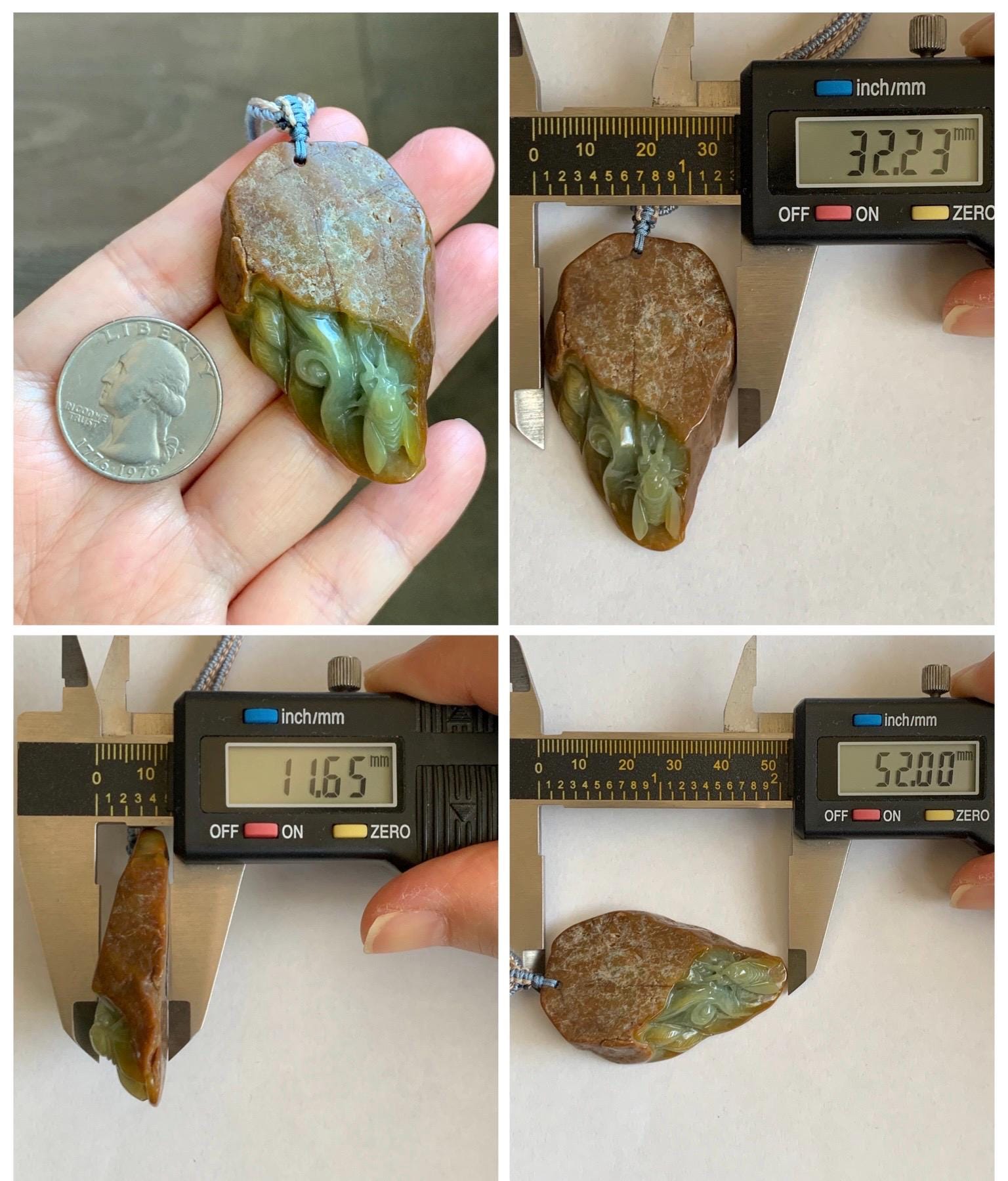 Natural Grade A Guatemalan Yellow Jade Jadeite w/ Brown Rind Carved Cicada Teardrop Pendant Rope Necklace 27" 33g 天然危黄翡翠知了蝉皮壳料吊坠 WHP368B