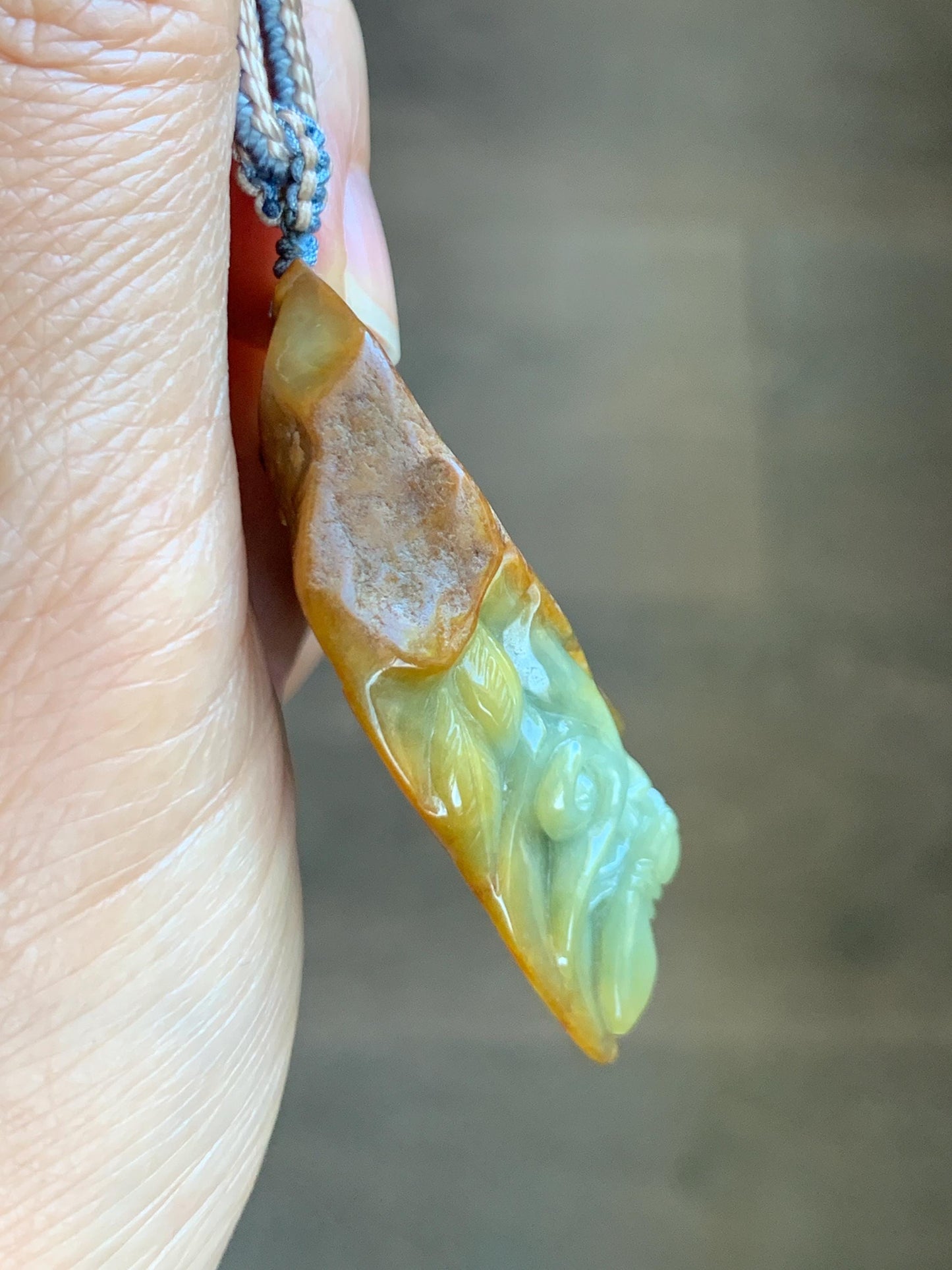 Natural Grade A Guatemalan Yellow Jade Jadeite w/ Brown Rind Carved Cicada Teardrop Pendant Rope Necklace 27" 33g 天然危黄翡翠知了蝉皮壳料吊坠 WHP368B
