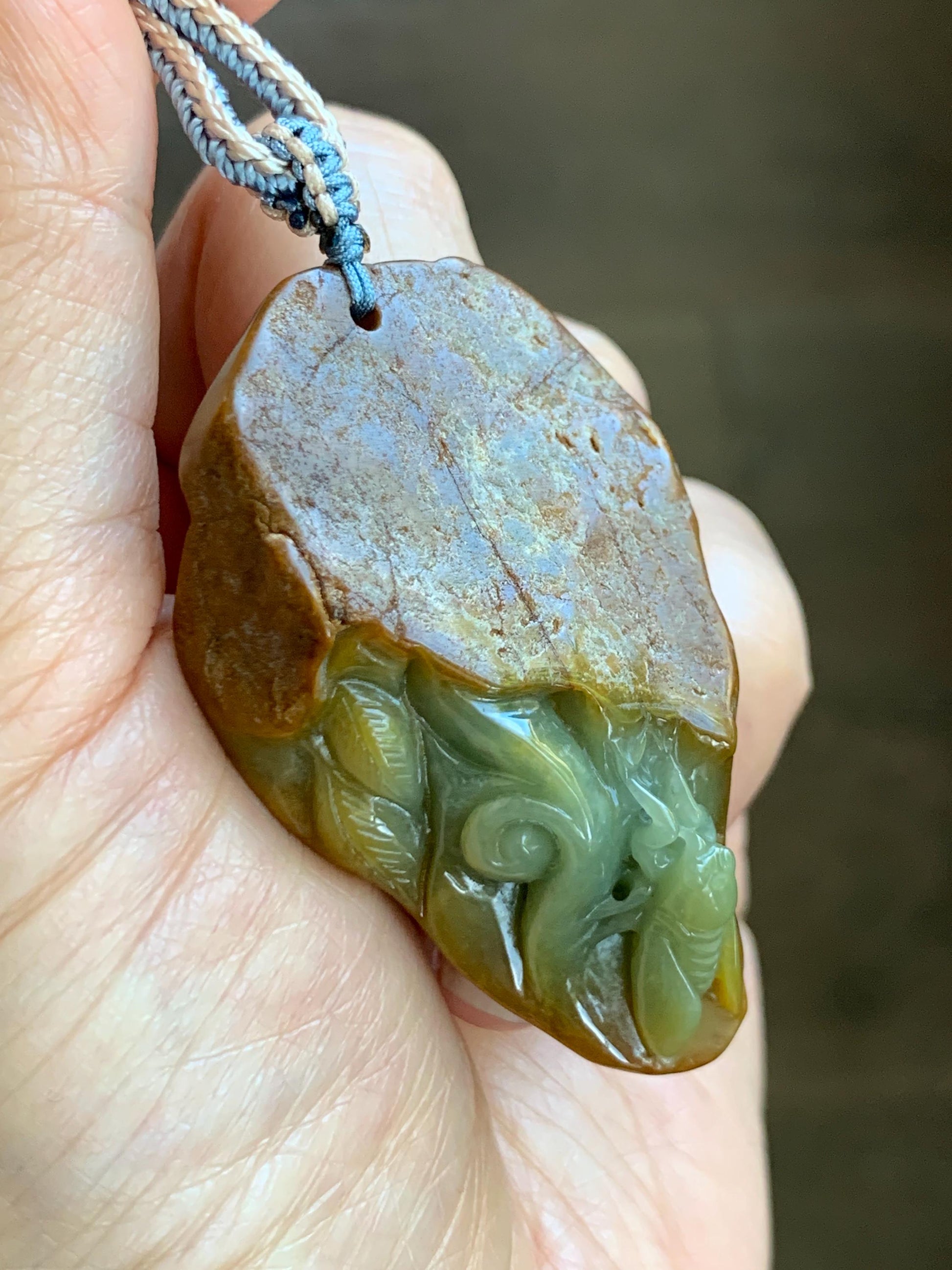 Natural Grade A Guatemalan Yellow Jade Jadeite w/ Brown Rind Carved Cicada Teardrop Pendant Rope Necklace 27" 33g 天然危黄翡翠知了蝉皮壳料吊坠 WHP368B