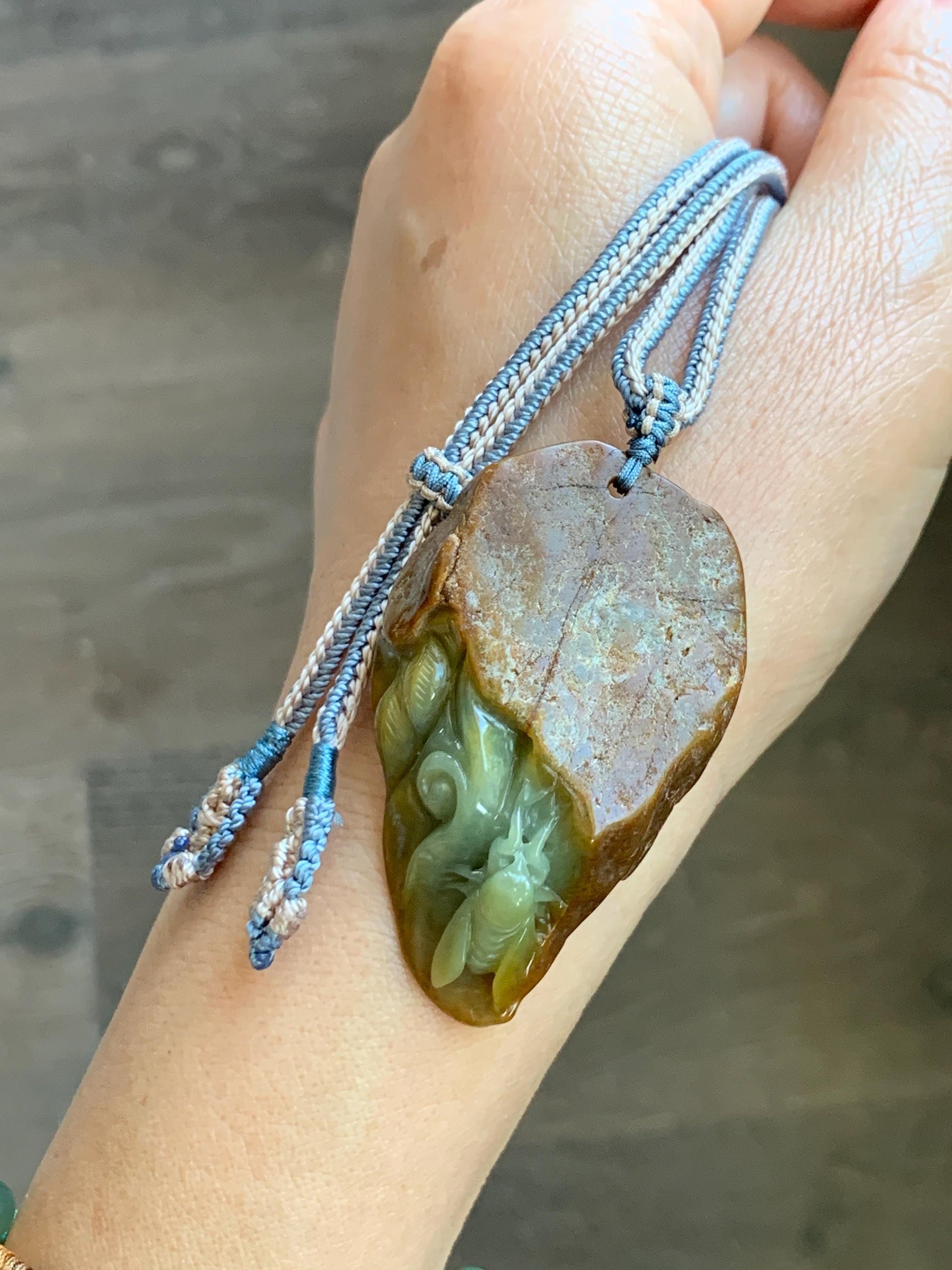 Natural Grade A Guatemalan Yellow Jade Jadeite w/ Brown Rind Carved Cicada Teardrop Pendant Rope Necklace 27" 33g 天然危黄翡翠知了蝉皮壳料吊坠 WHP368B