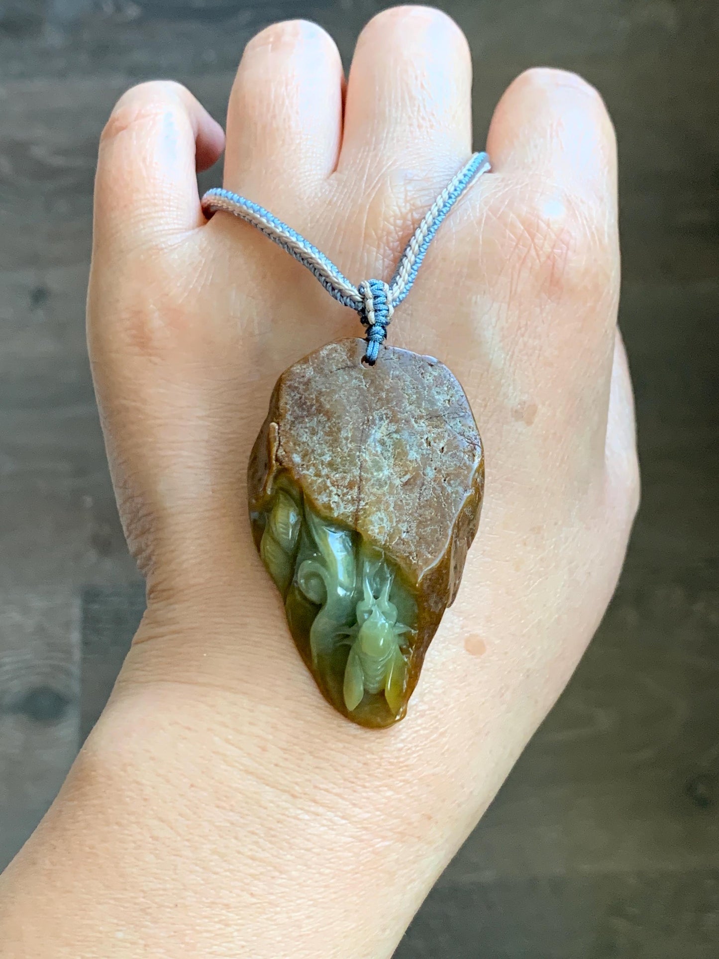 Natural Grade A Guatemalan Yellow Jade Jadeite w/ Brown Rind Carved Cicada Teardrop Pendant Rope Necklace 27" 33g 天然危黄翡翠知了蝉皮壳料吊坠 WHP368B