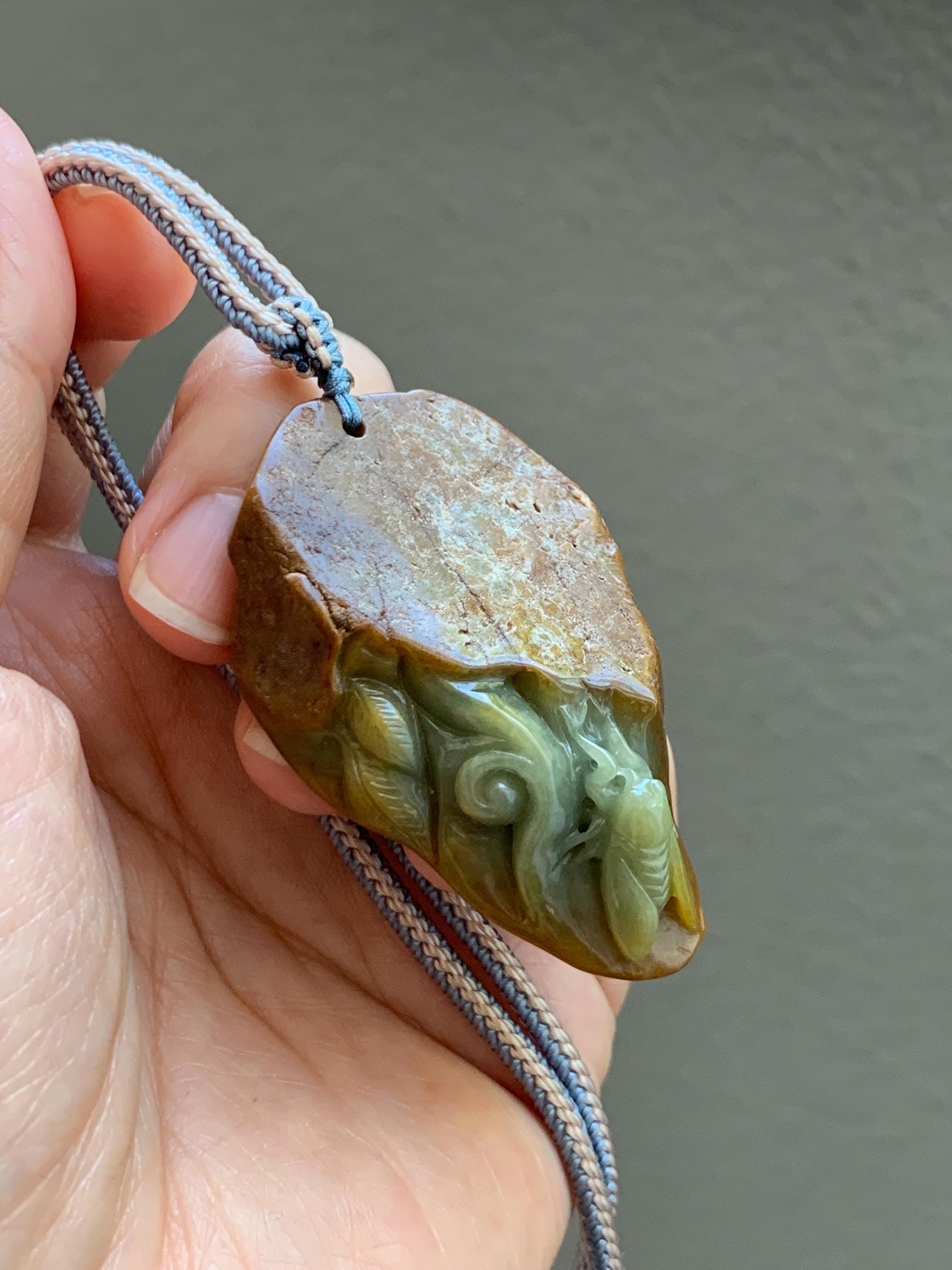 Natural Grade A Guatemalan Yellow Jade Jadeite w/ Brown Rind Carved Cicada Teardrop Pendant Rope Necklace 27" 33g 天然危黄翡翠知了蝉皮壳料吊坠 WHP368B