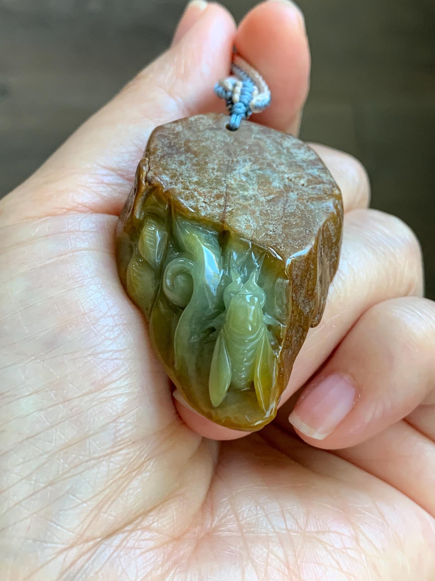 Natural Grade A Guatemalan Yellow Jade Jadeite w/ Brown Rind Carved Cicada Teardrop Pendant Rope Necklace 27" 33g 天然危黄翡翠知了蝉皮壳料吊坠 WHP368B