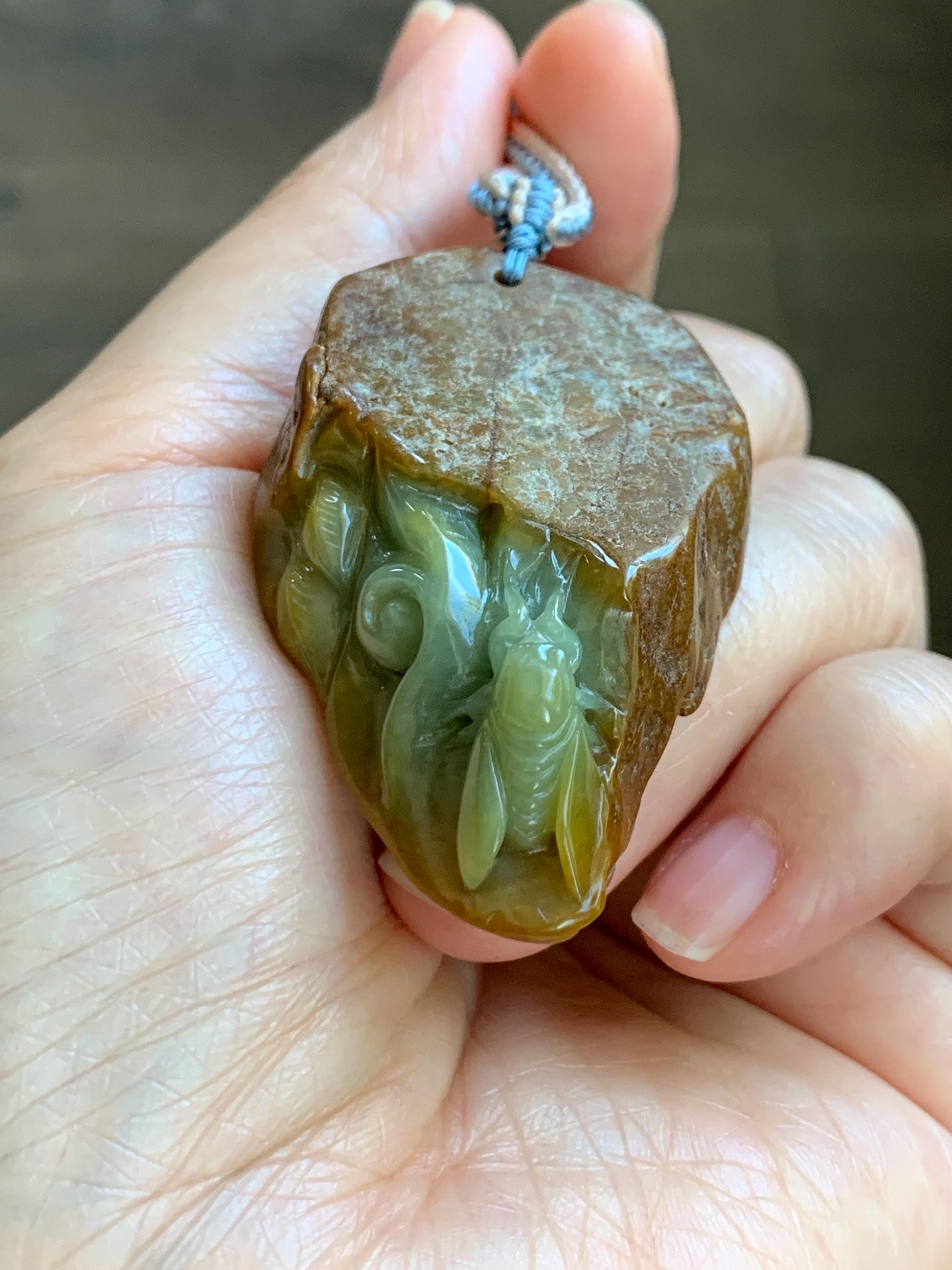 Natural Grade A Guatemalan Yellow Jade Jadeite w/ Brown Rind Carved Cicada Teardrop Pendant Rope Necklace 27" 33g 天然危黄翡翠知了蝉皮壳料吊坠 WHP368B